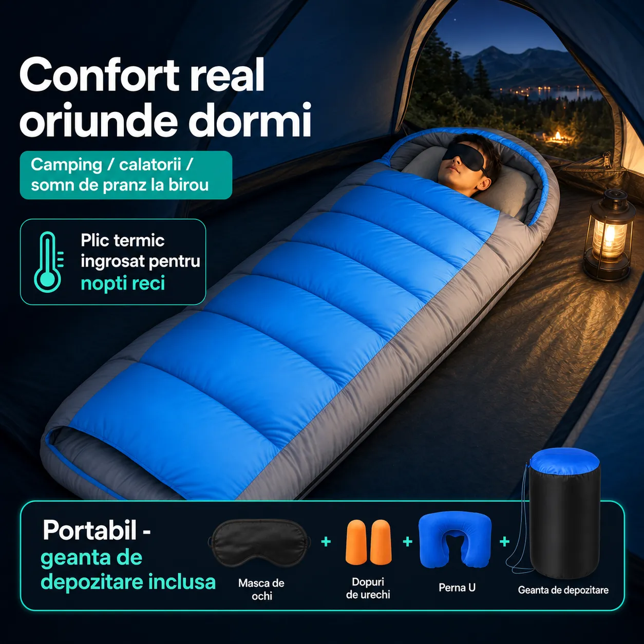 Timebox 1800g sac de dormit albastru set complet calduros