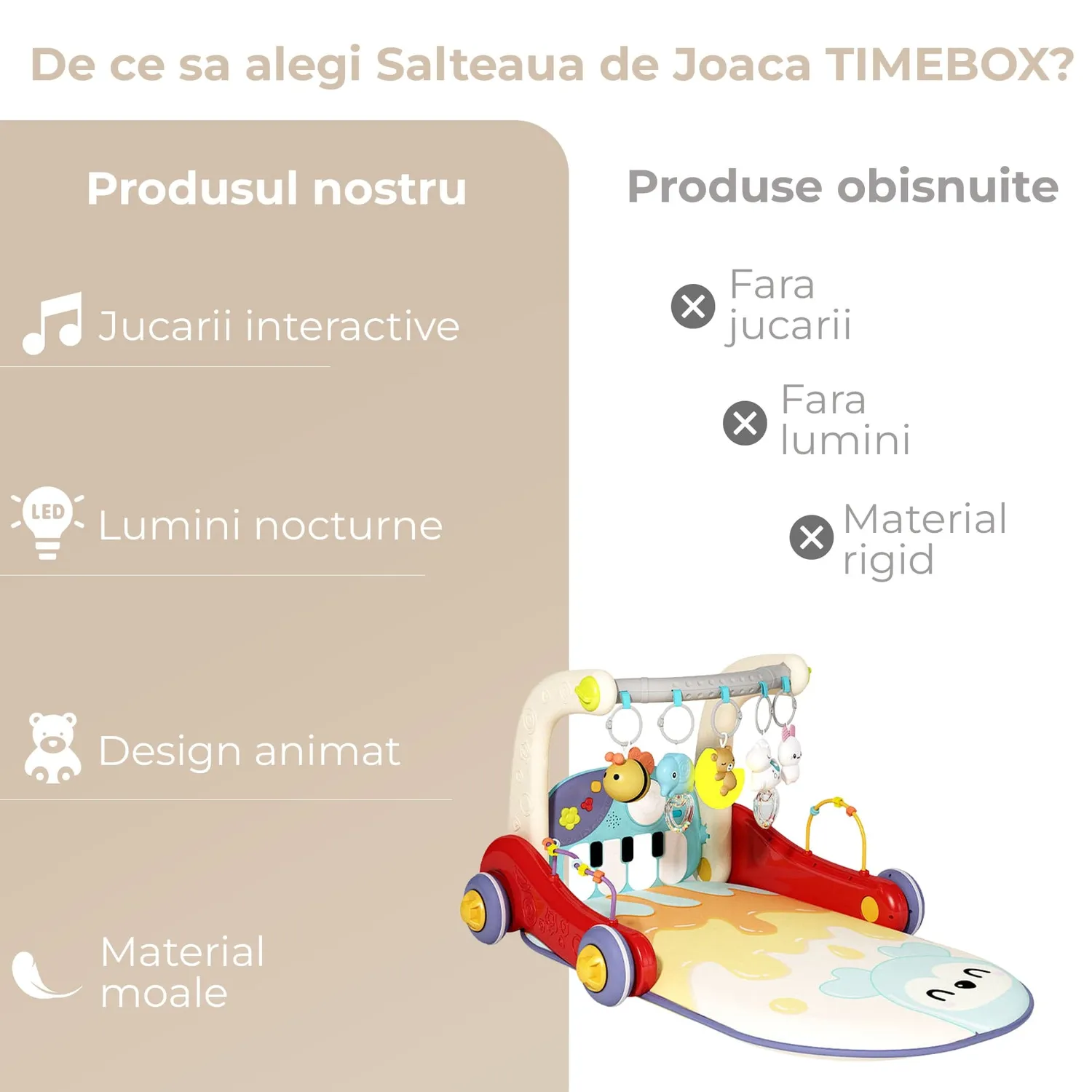 Timebox salteluta bebelusi 4-in-1 cu pian si lumina