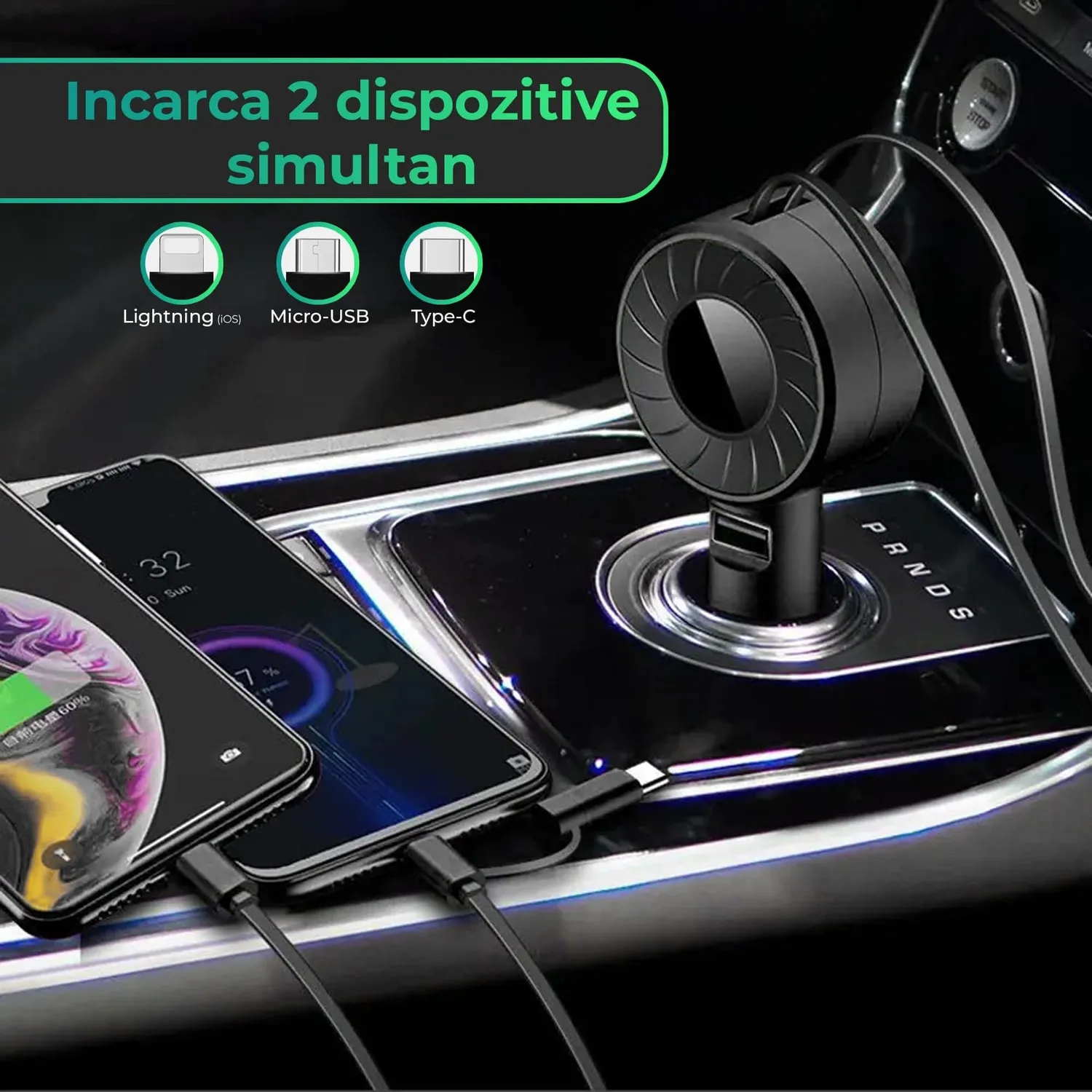 Timebox Super Fast Charge 3 în 1 încărcător auto negru rapid