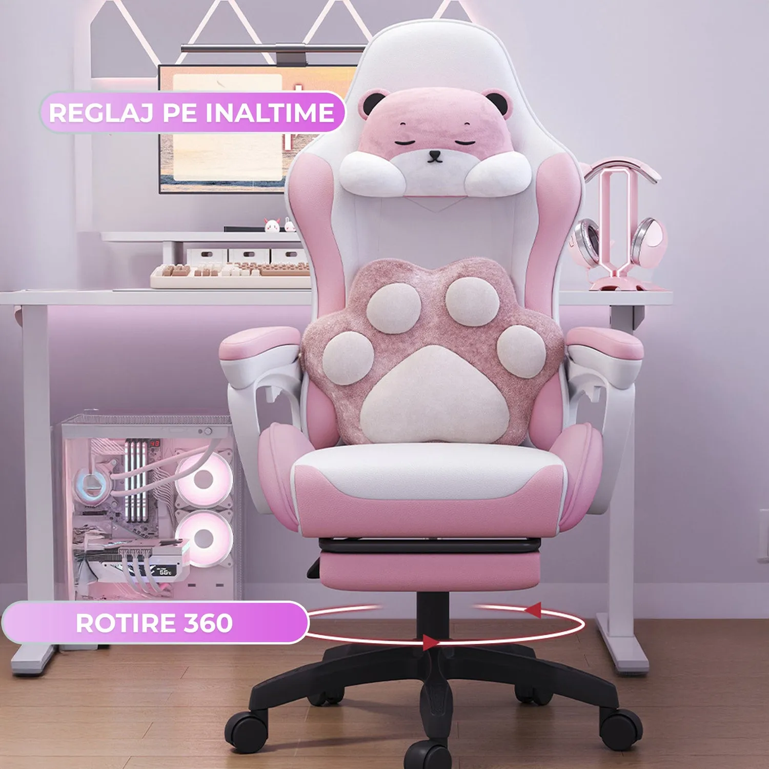 Timebox 135 scaun gaming roz piele PU cu footrest
