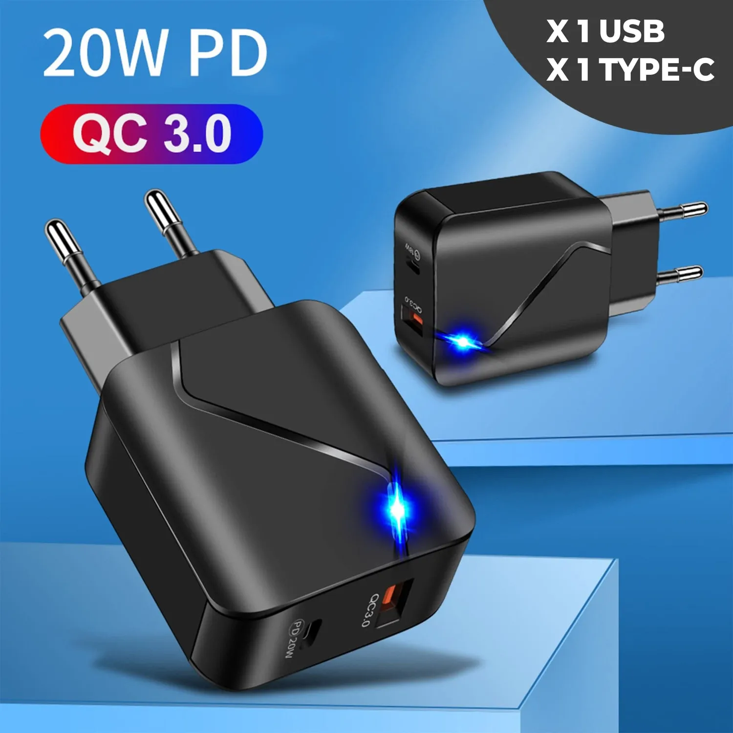 Timebox Incarcator Retea 20W Negru 2 Porturi USB Type-C LED