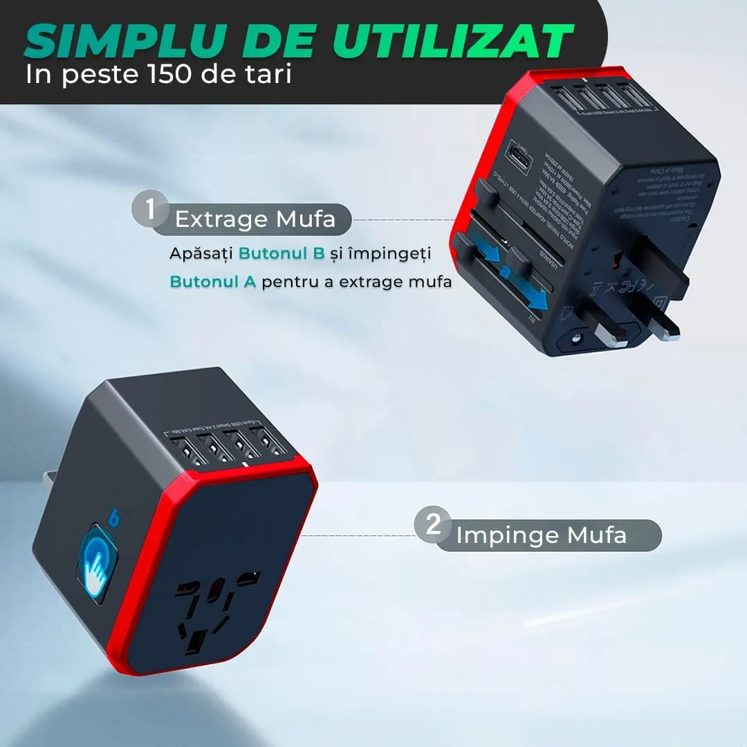 Timebox adaptor universal priza calatorie rosu 4x USB Type-C