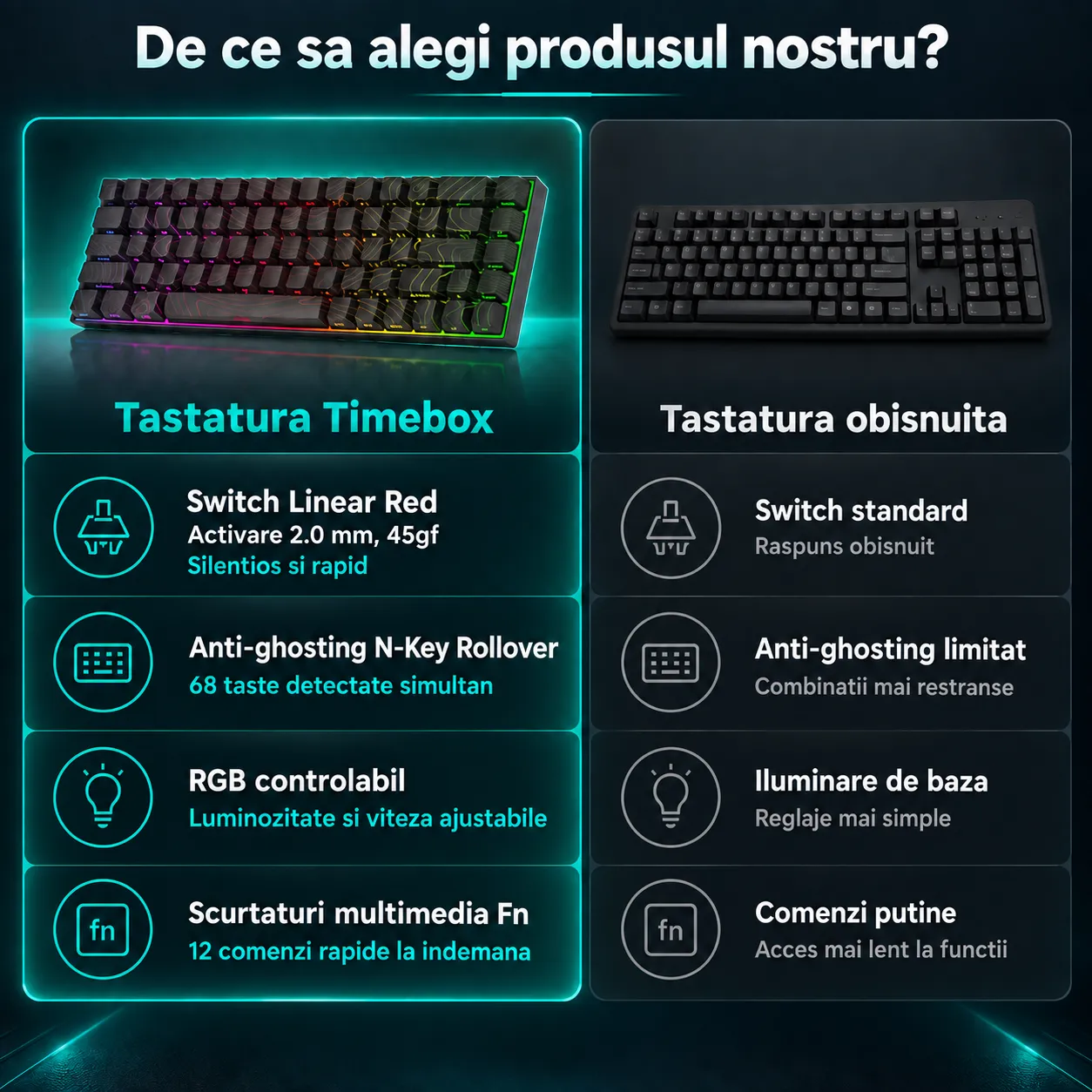 Timebox 68 taste tastatura mecanica gaming negru switch Red