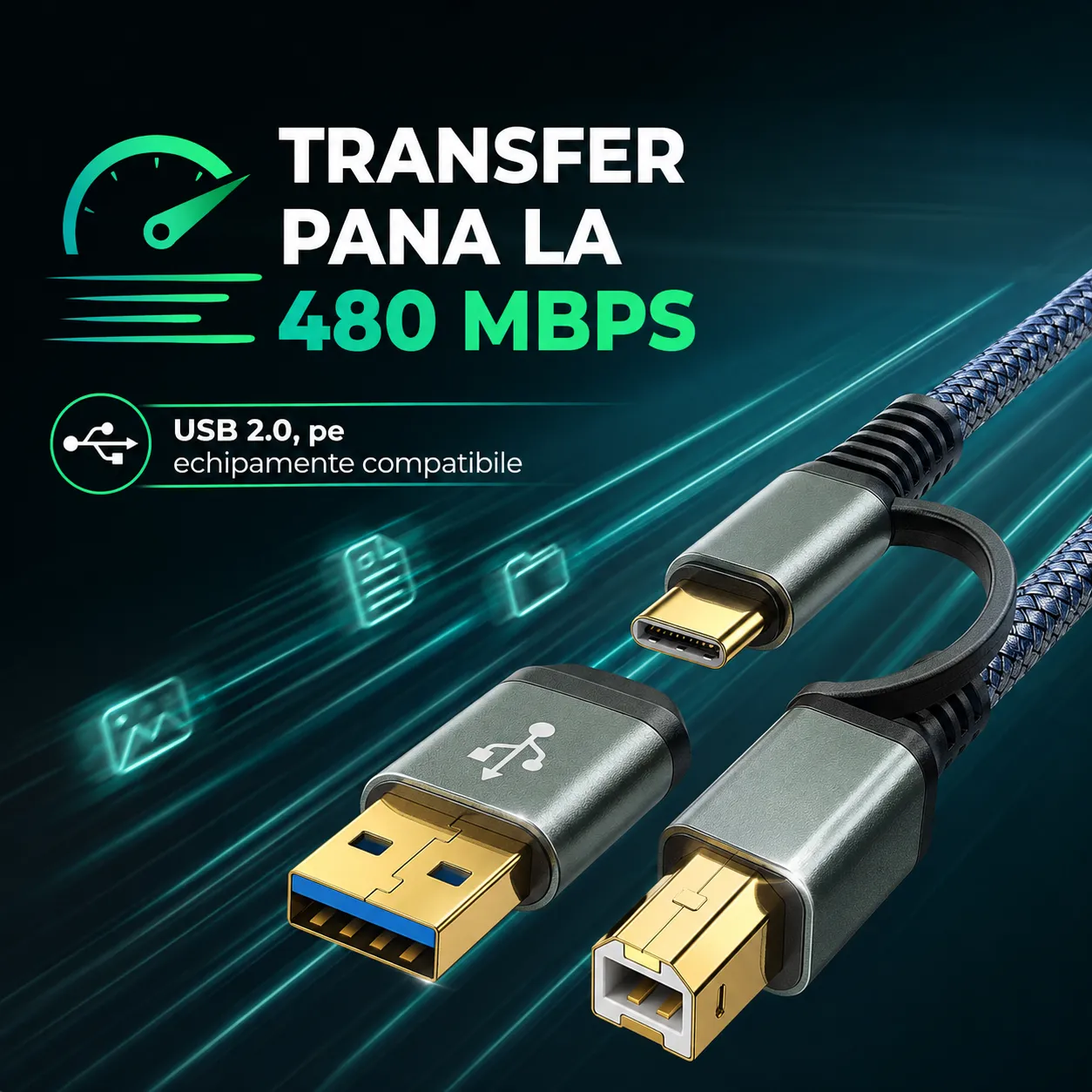 Timebox Cablu Imprimanta USB/USB-C la USB-B 2m Gri
