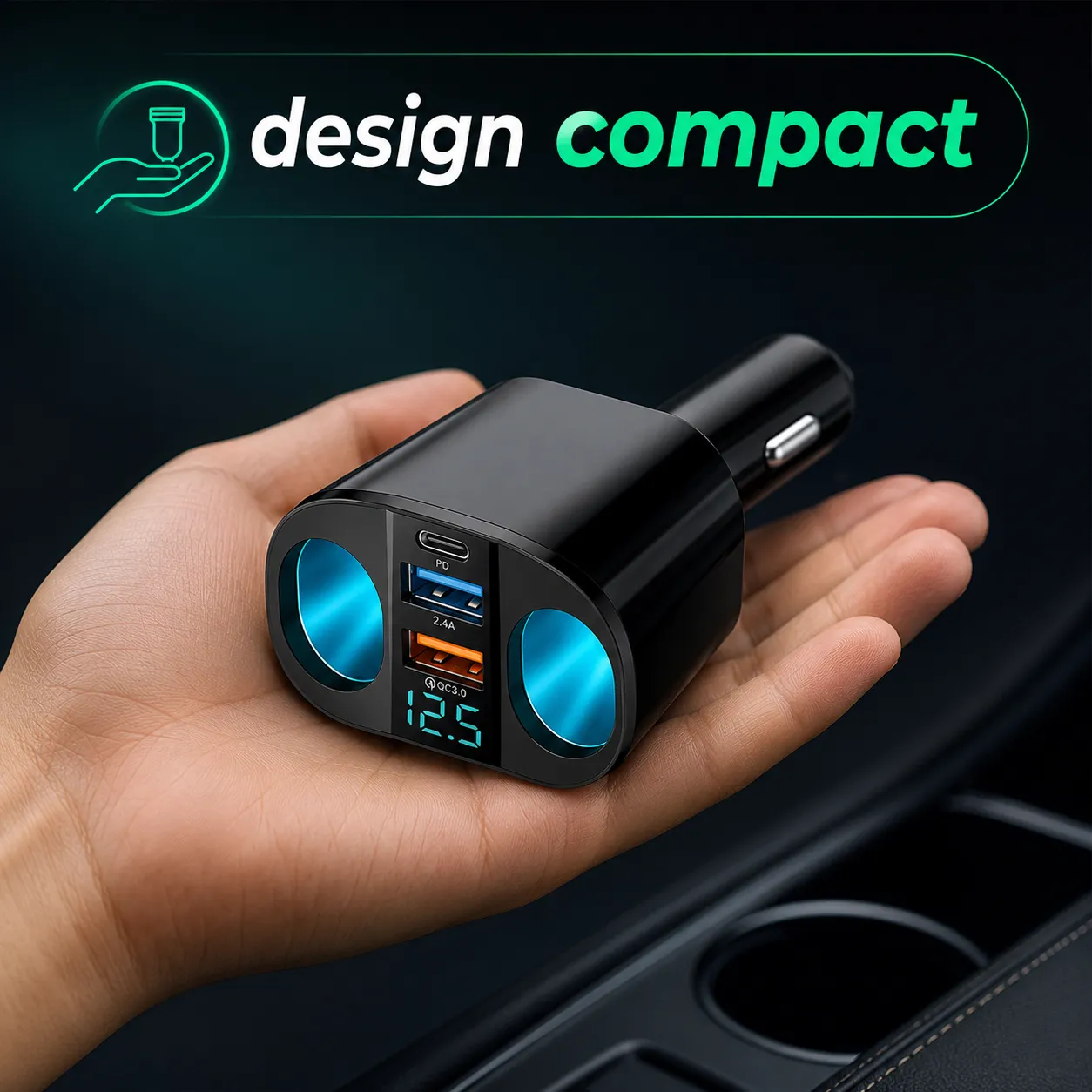 Adaptor auto Timebox 120W cu 2 prize și USB negru