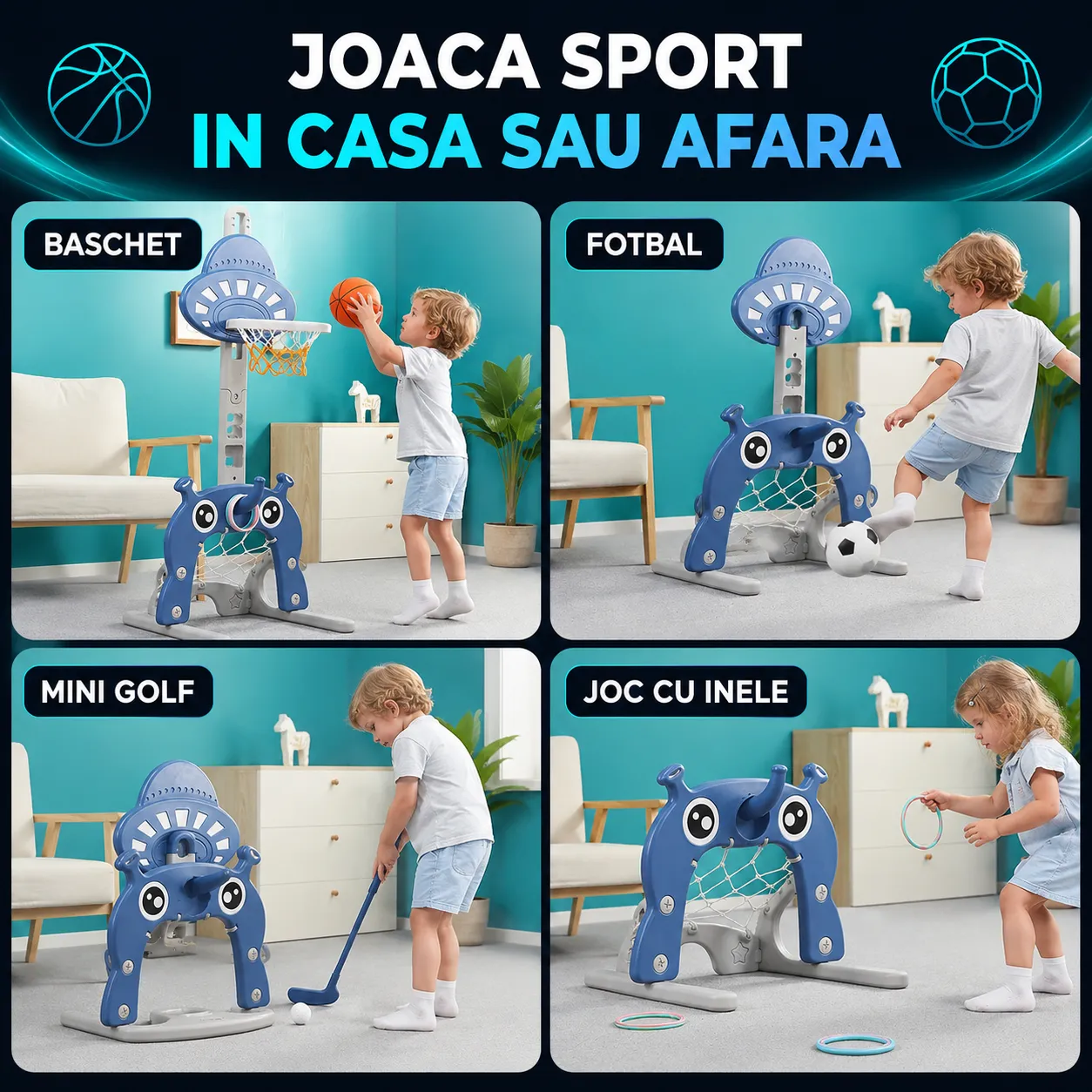 Timebox Set Joaca 4 in 1 Cos Baschet Poarta Fotbal Albastru