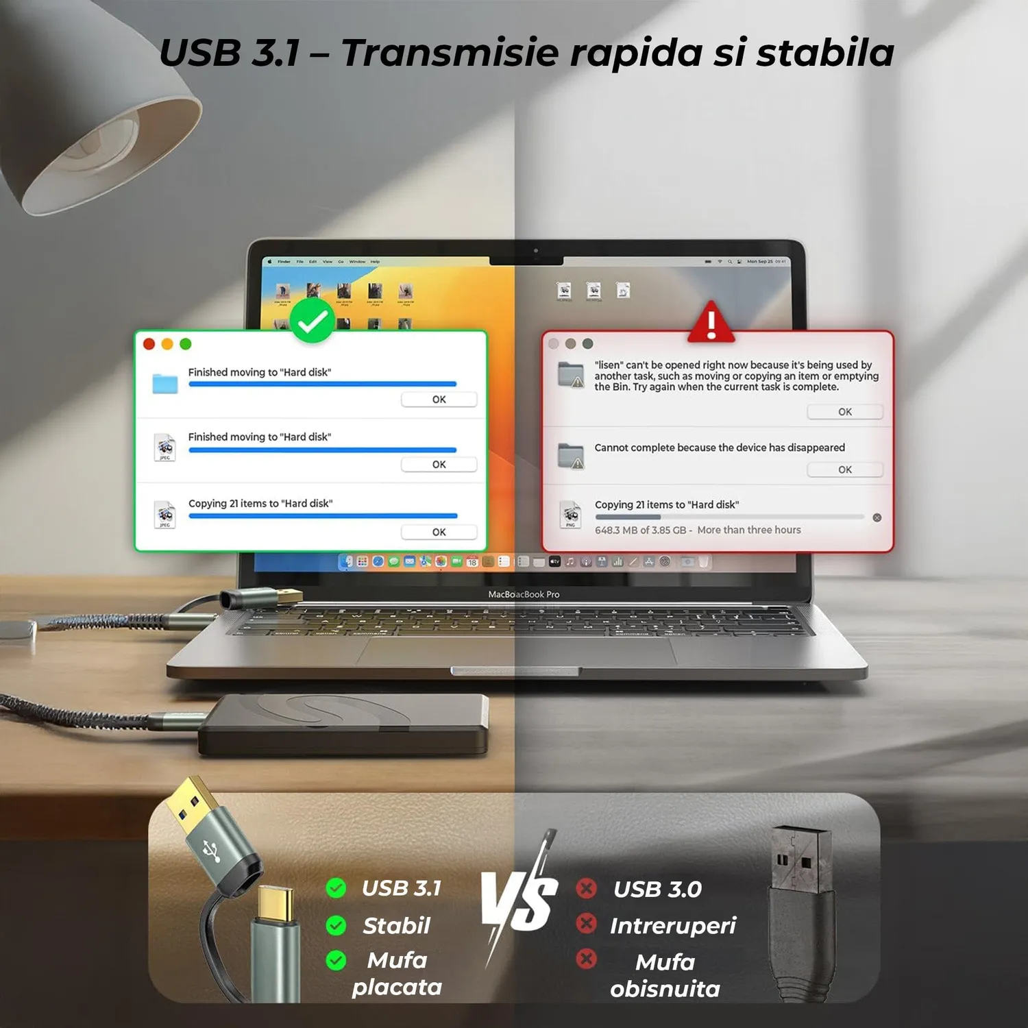 Timebox Cablu HDD Micro-B - USB-C 0.5m 10Gbps Gri