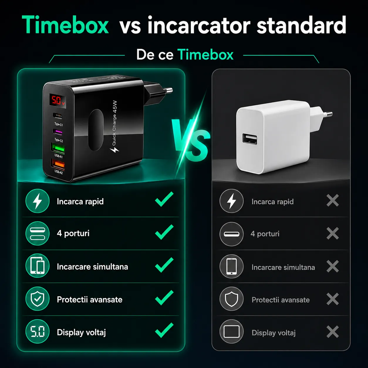 Timebox 45W incarcator retea 4 porturi negru display