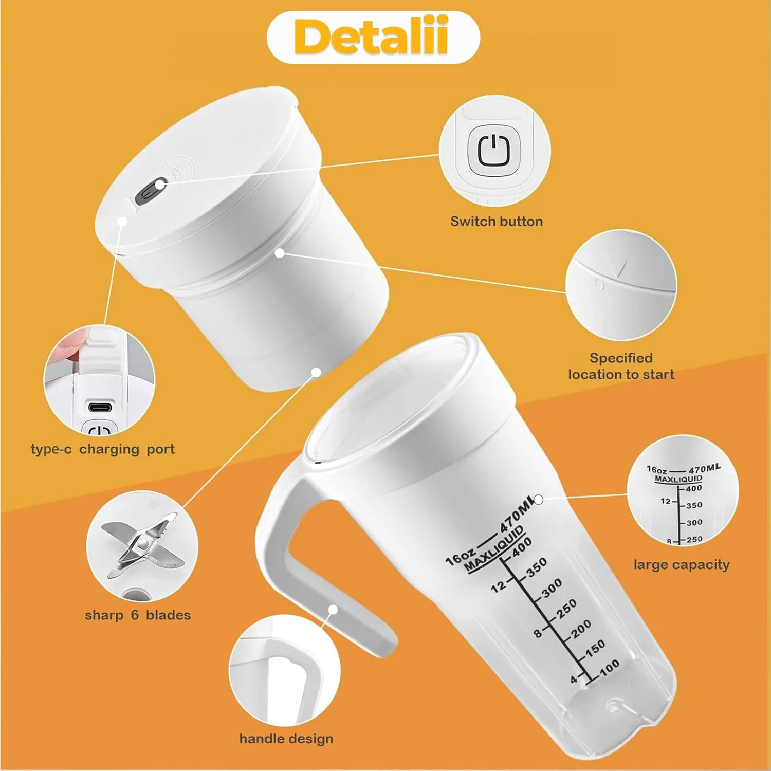 Timebox Mini Blender Portabil alb 470ml 4000mAh