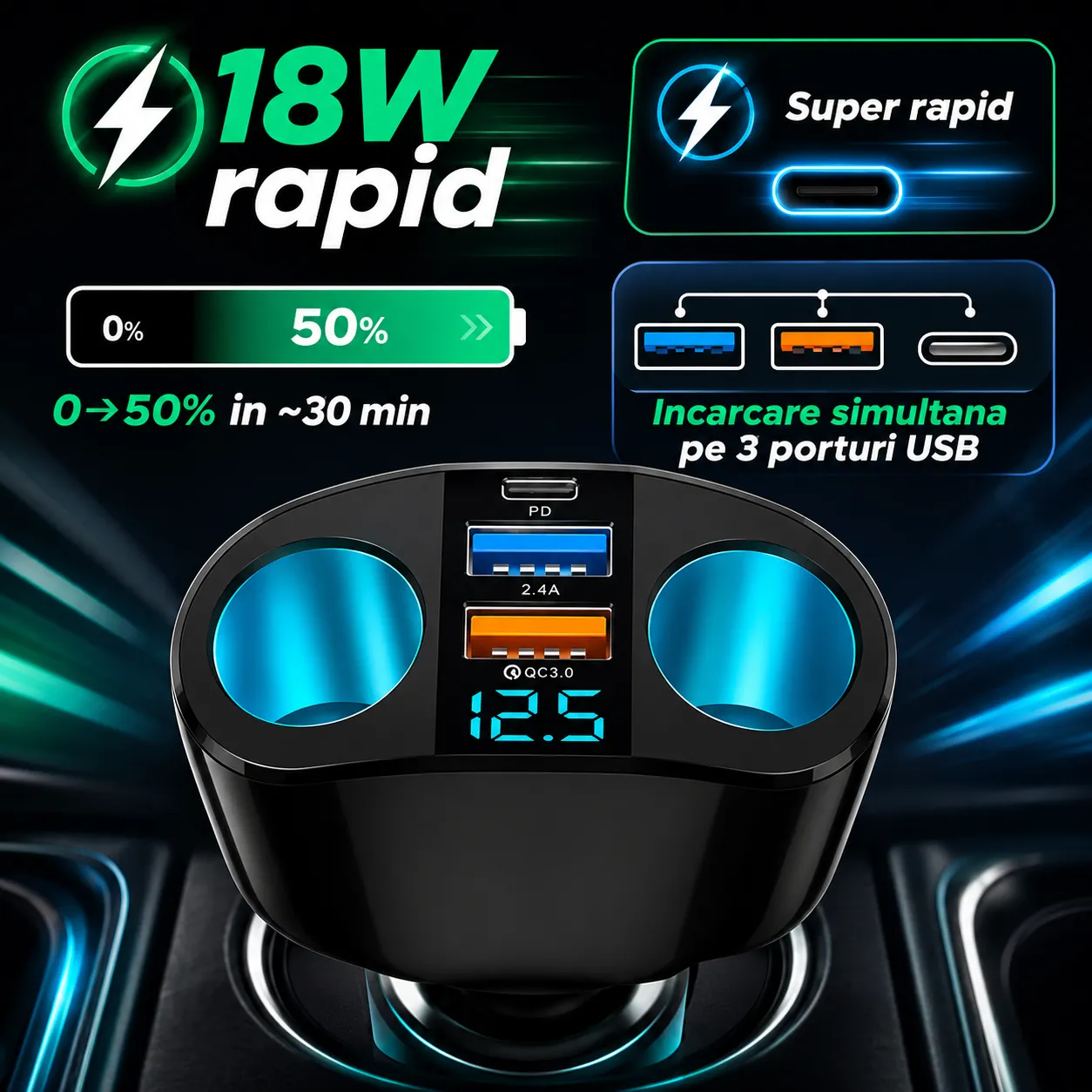 Adaptor auto Timebox 120W cu 2 prize și USB negru
