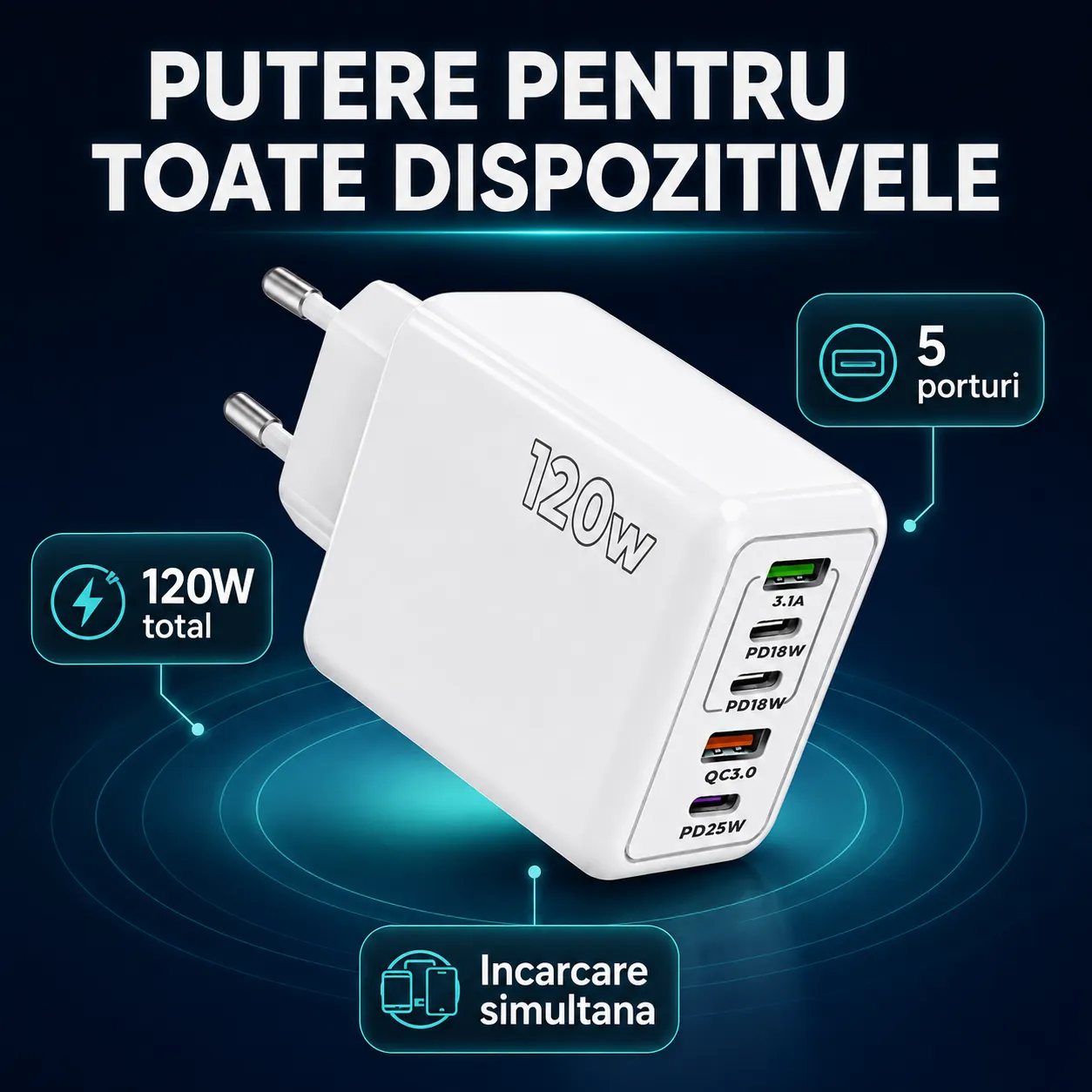 Incarcator retea Timebox 120W 5 porturi alb Quick Charge