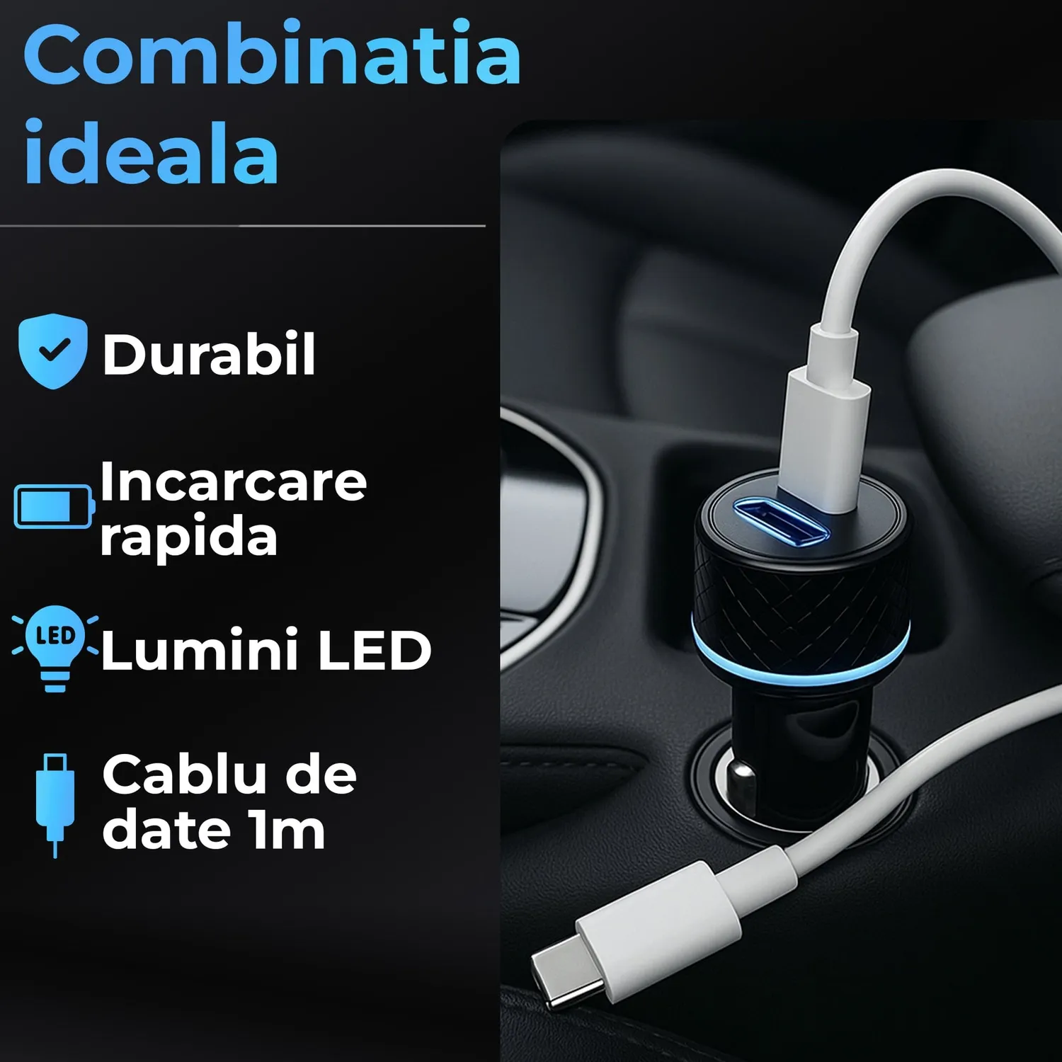 Timebox Set auto incarcator 43W + cablu USB-C 66W 1m