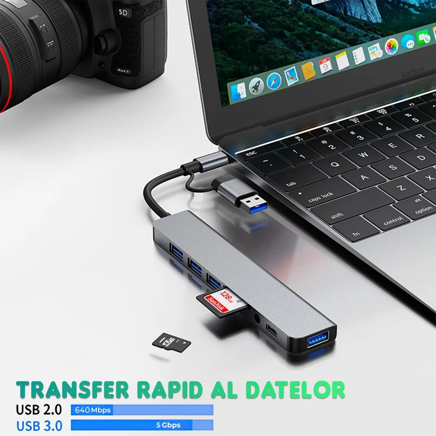 Timebox Hub USB 8 in 1 Type-C Argintiu Jack 3.5mm HDMI