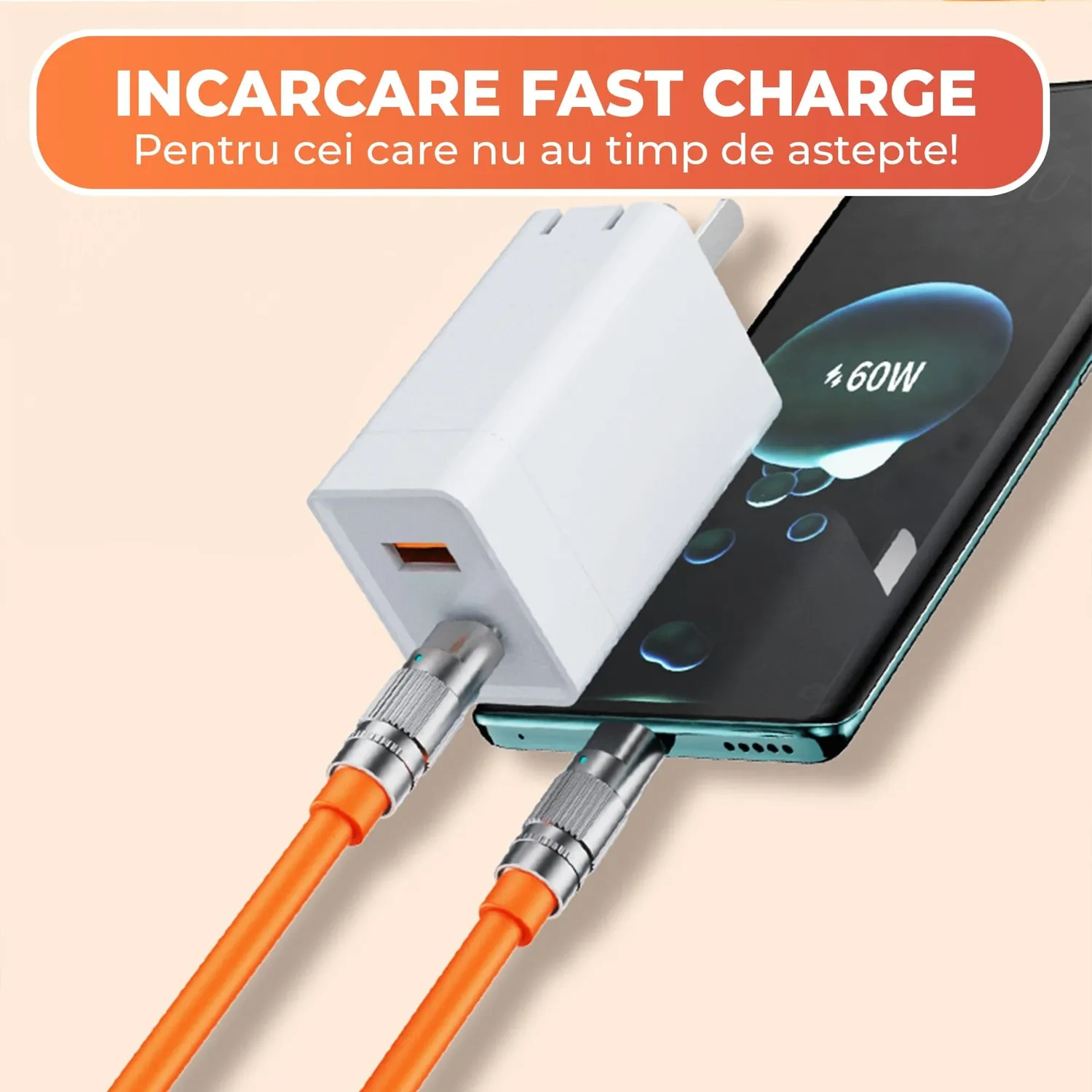 Timebox cablu USB-C la Type-C 60W portocaliu fast charge