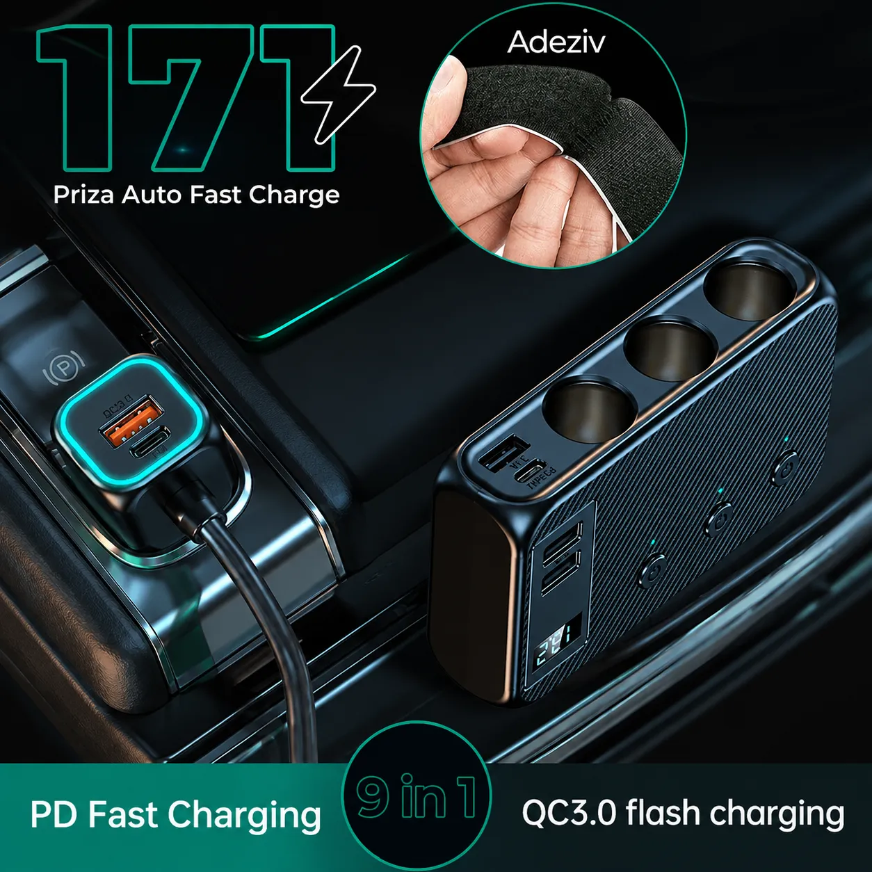 Timebox 9 in 1 171W adaptor auto negru afisaj LED