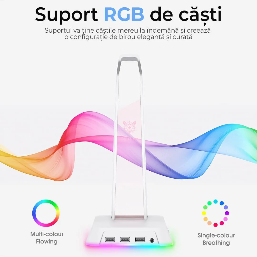 Timebox suport casti gaming RGB alb cu USB anti-slip