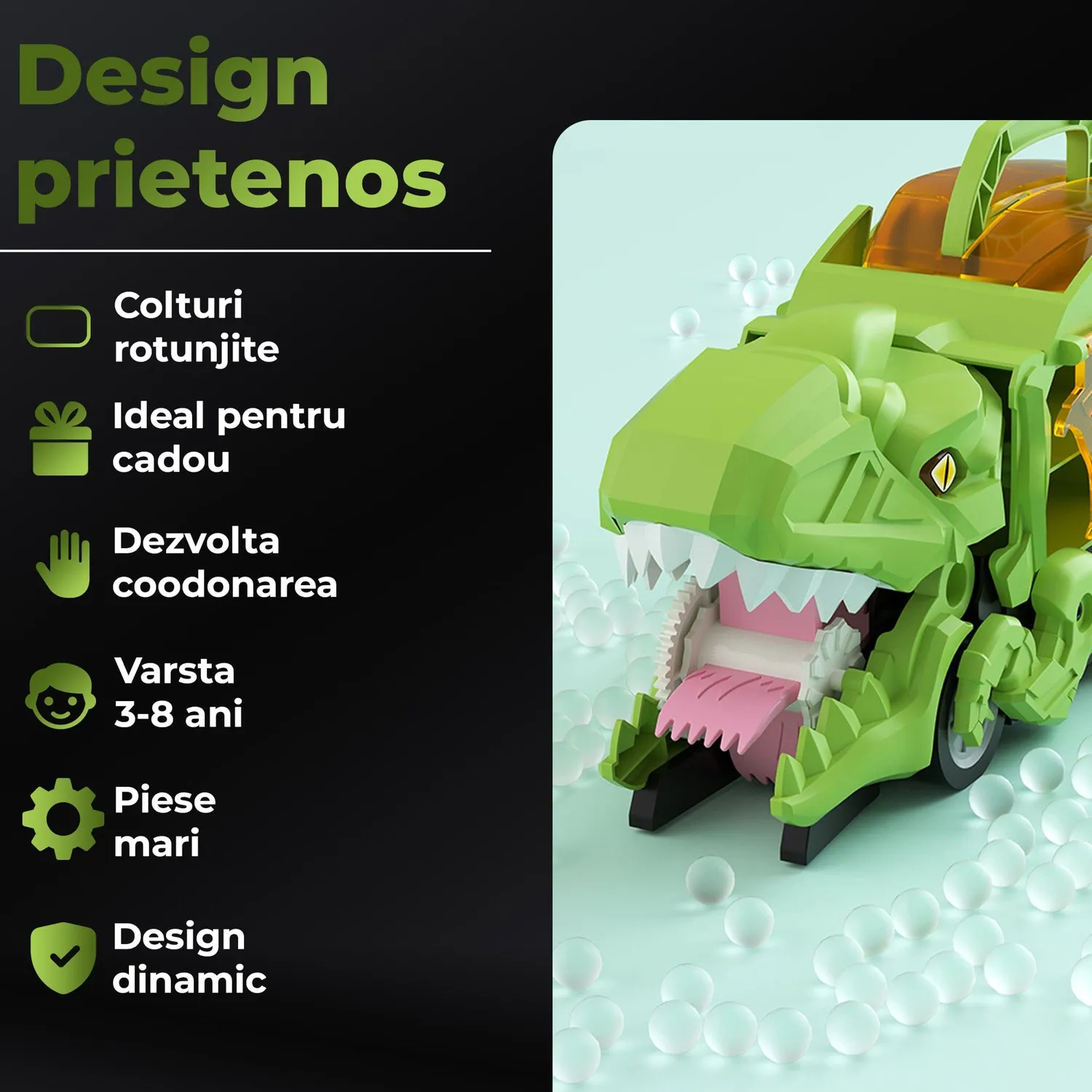 Timebox Dinozaur Transformabil 3 in 1 Verde cu 2 masinute