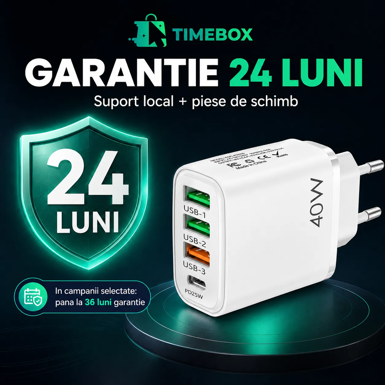 Timebox 40W Incarcator Retea 4 Porturi Alb Fast Charge