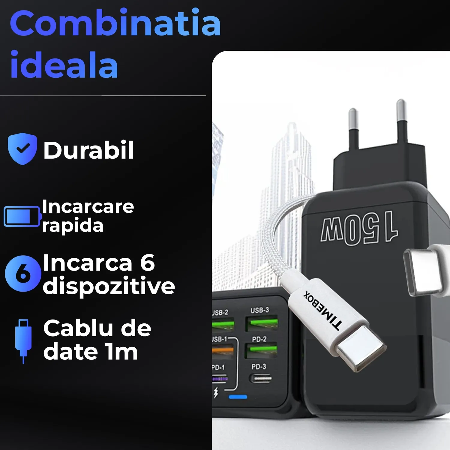 Timebox incarcator retea 150W 6 porturi alb Type-C USB-A