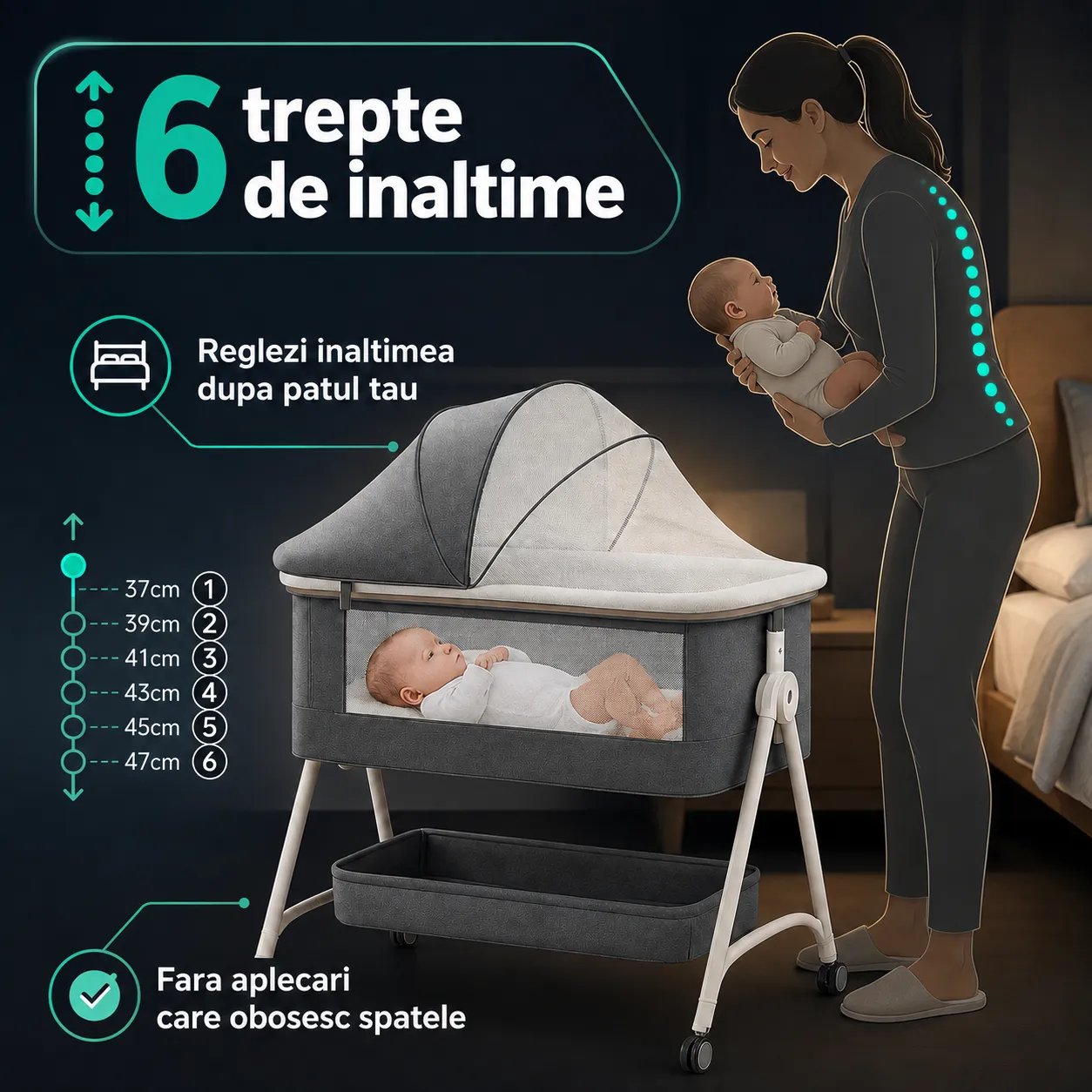 Timebox Pătuț Pliabil Co-Sleeper Gri cu Saltea