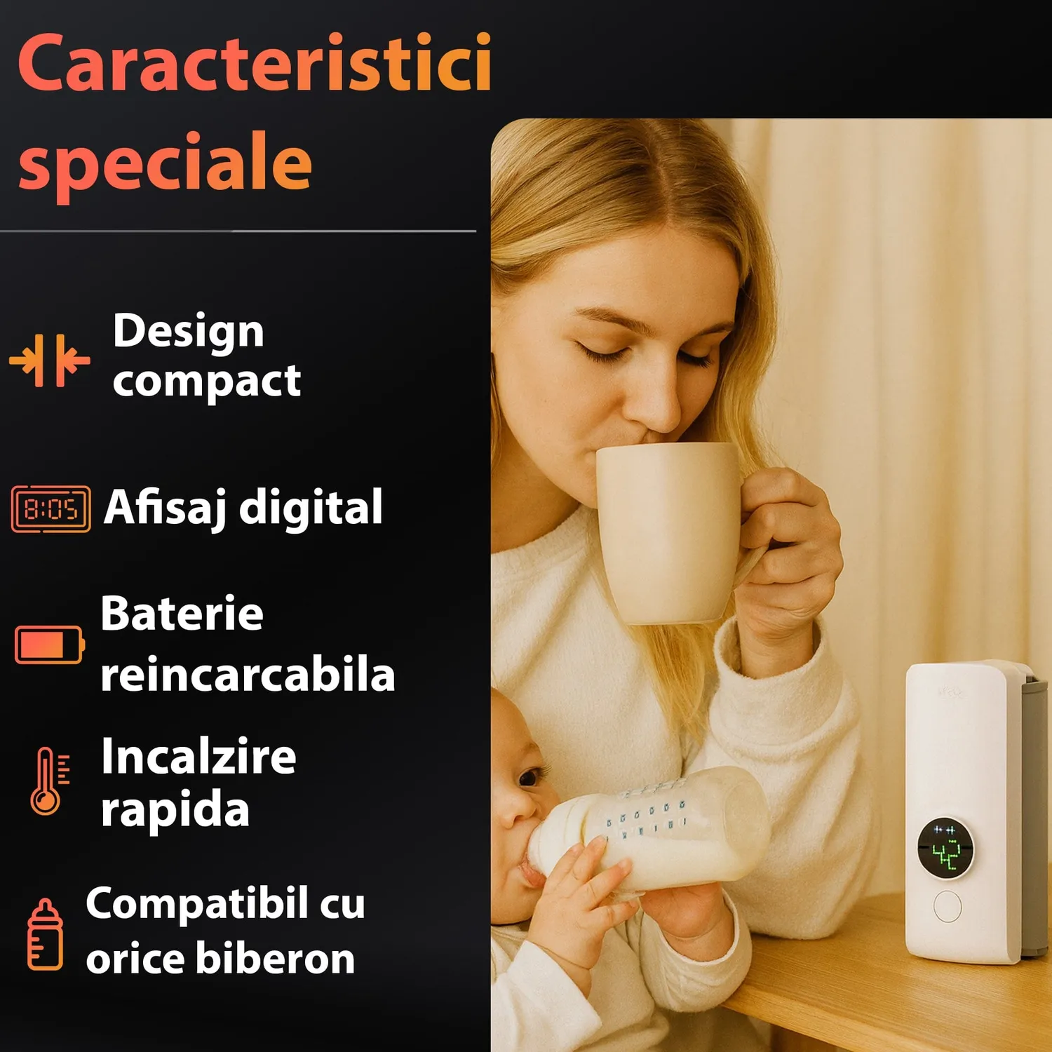 Incalzitor biberoane Timebox portabil digital alb 6 trepte