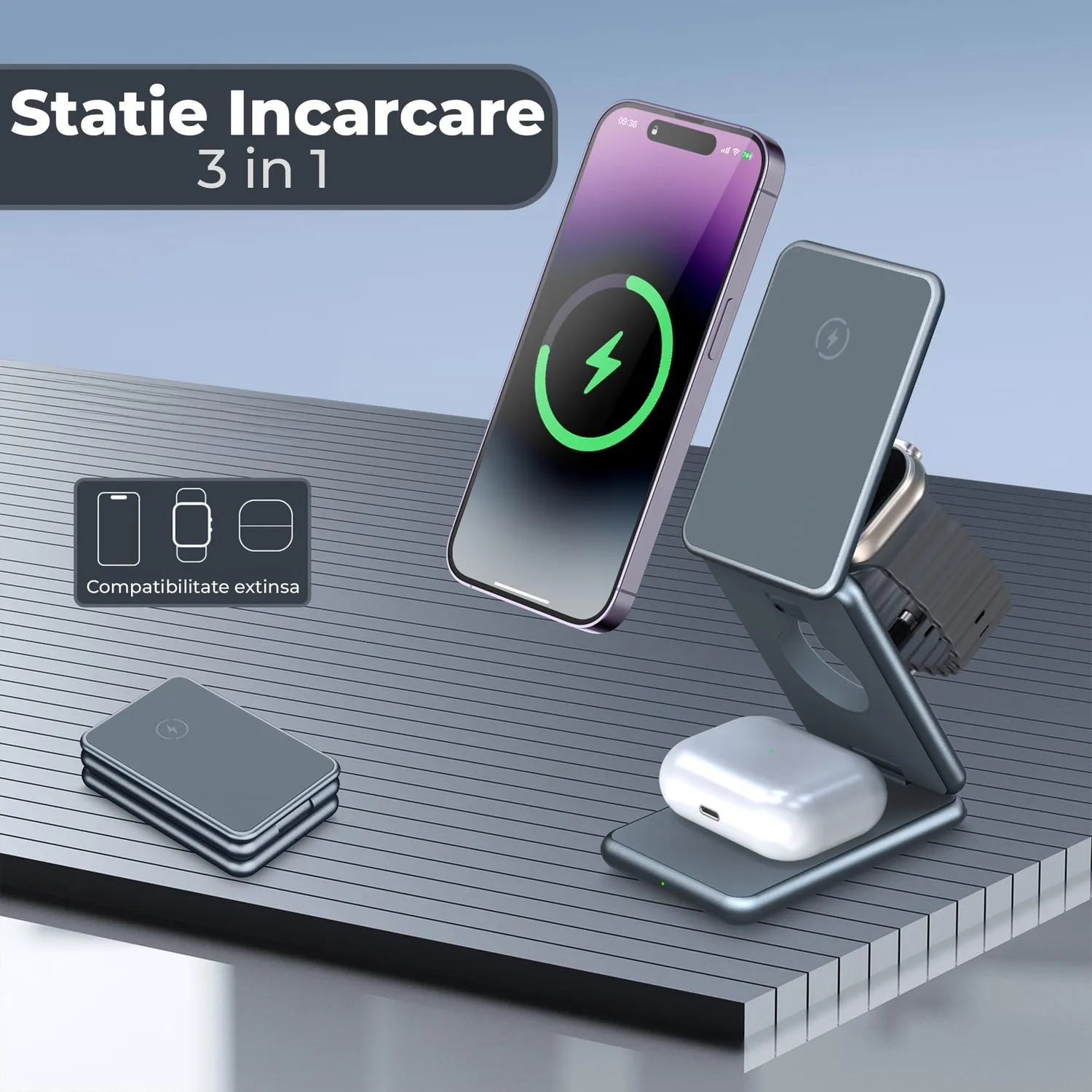 Încărcător Timebox 15W wireless 3 în 1 pliabil MagSafe