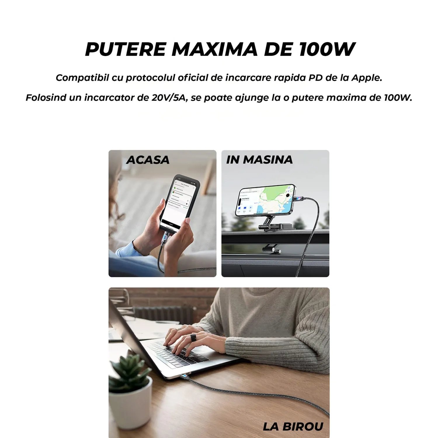 Timebox 100W cablu USB-C bej 1,2m LED nylon