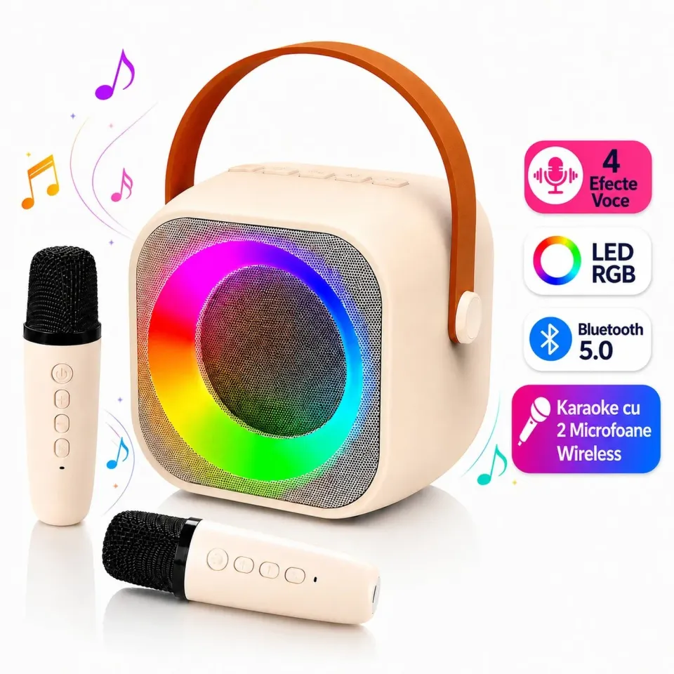Timebox Set Boxa Bluetooth Karaoke Bej cu 2 Microfoane Wireless