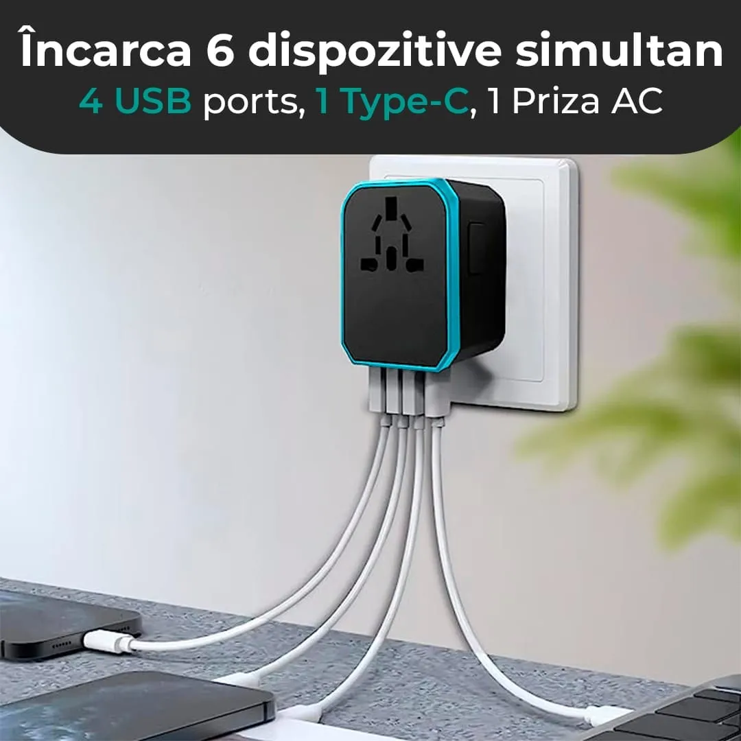 Timebox adaptor universal calatorie albastru 4 USB Type-C