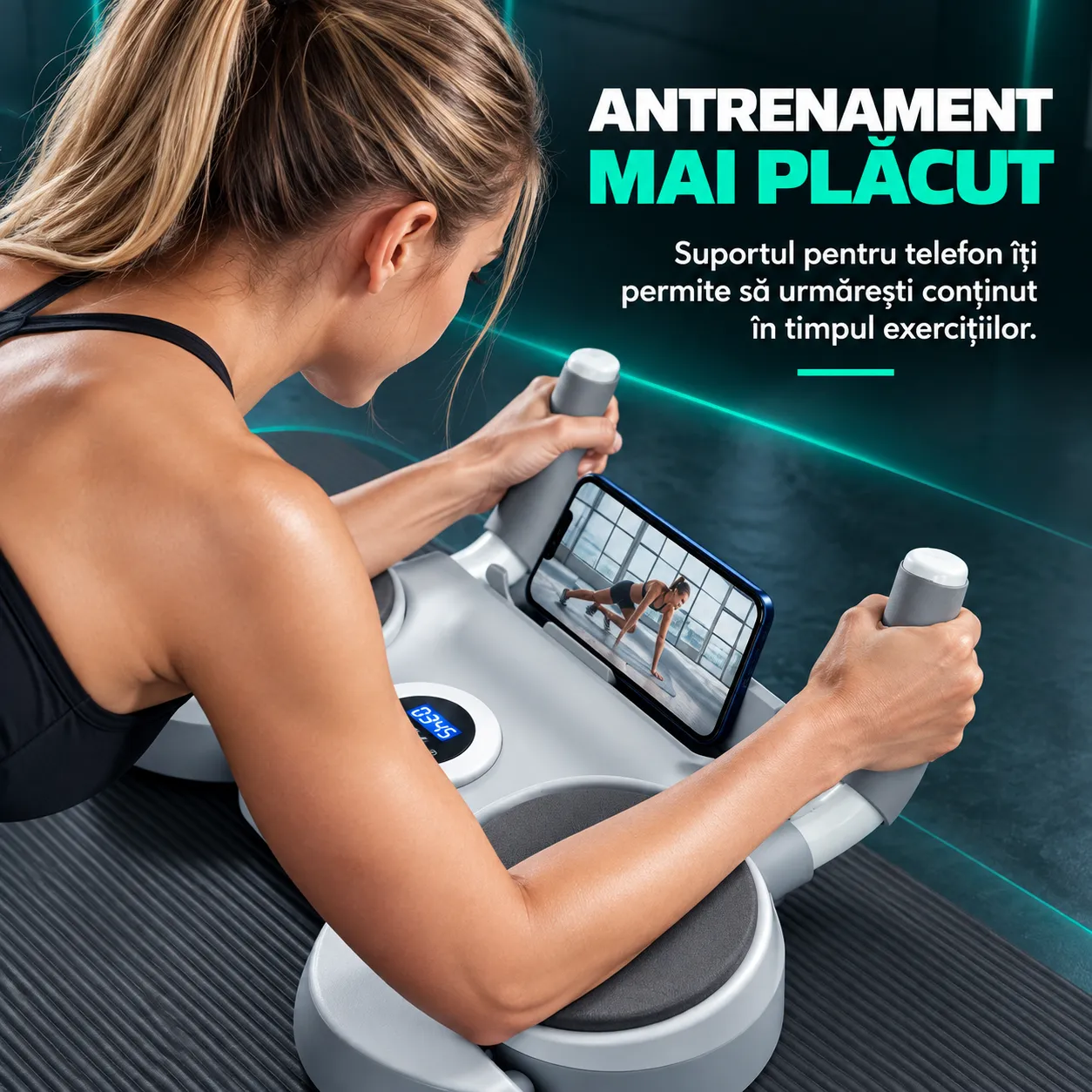 Timebox 6-in-1 placa fitness gri cu timer si corzi elastice