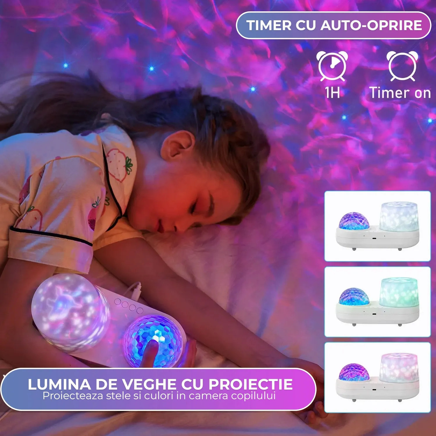 Timebox Lampa Proiectie Copii 3W USB Alba Telecomanda