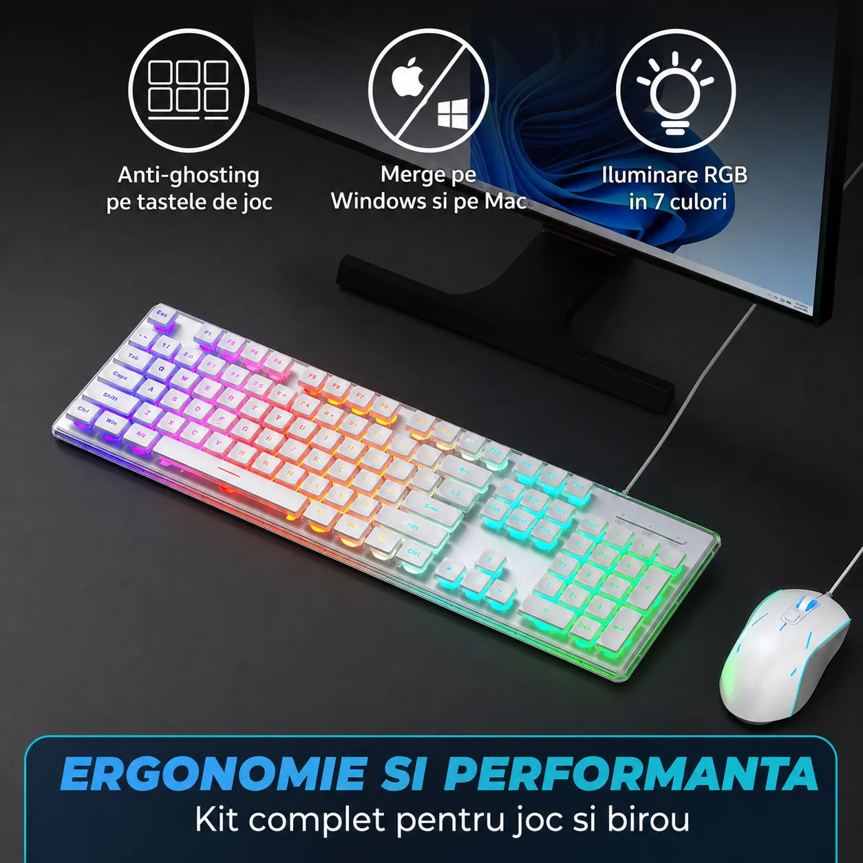 Timebox Kit tastatura mouse gaming RGB alb 104 taste