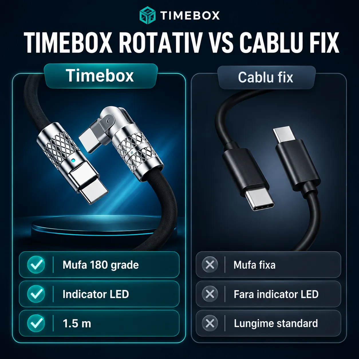 Timebox Cablu Type-C 120W Negru 1,5m cu LED QC 3.0