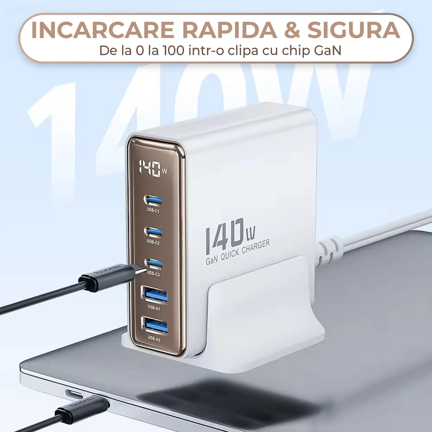 Incarcator retea Timebox 140W 5 porturi auriu LED
