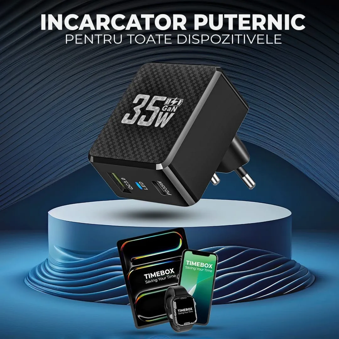 Incarcator retea Timebox 35W 2 porturi Type-C QC3.0 negru