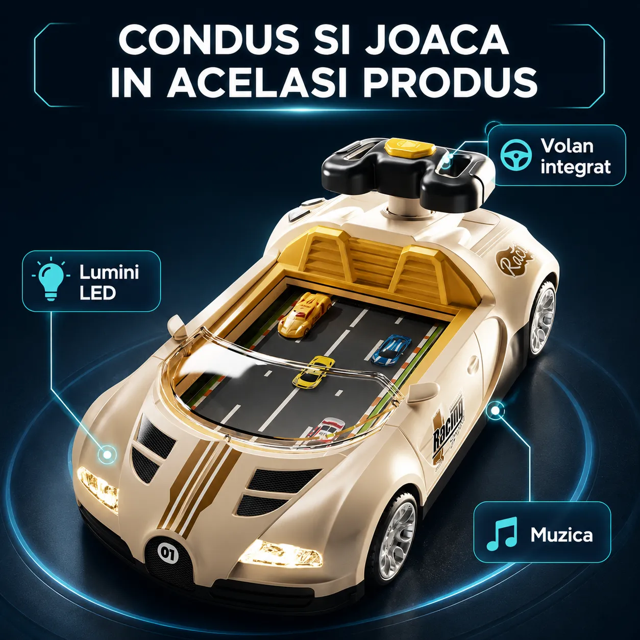 Timebox Bugatti masinuta interactiva bej cu telecomanda