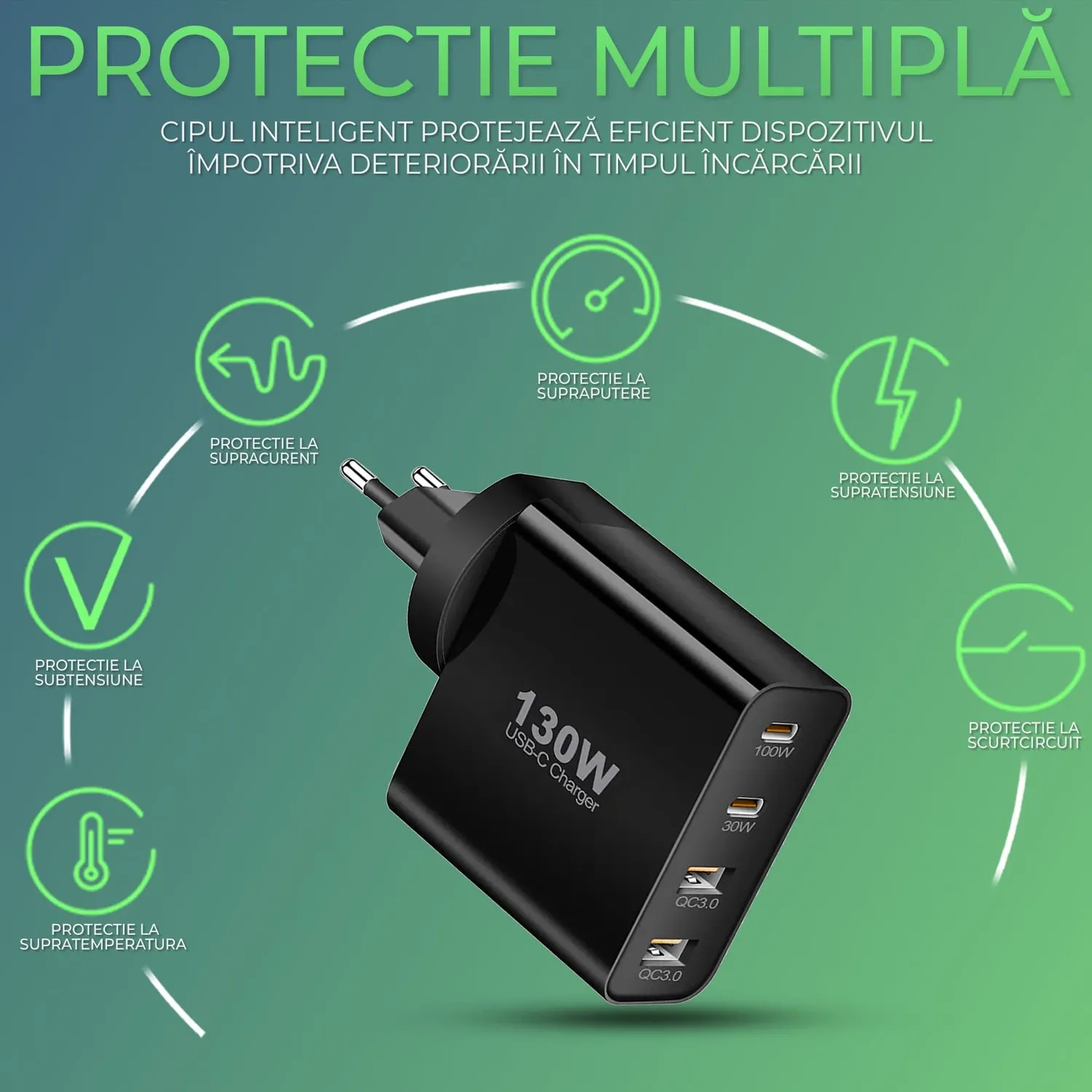 Incarcator retea Timebox 130W 4 porturi 2xType-C negru