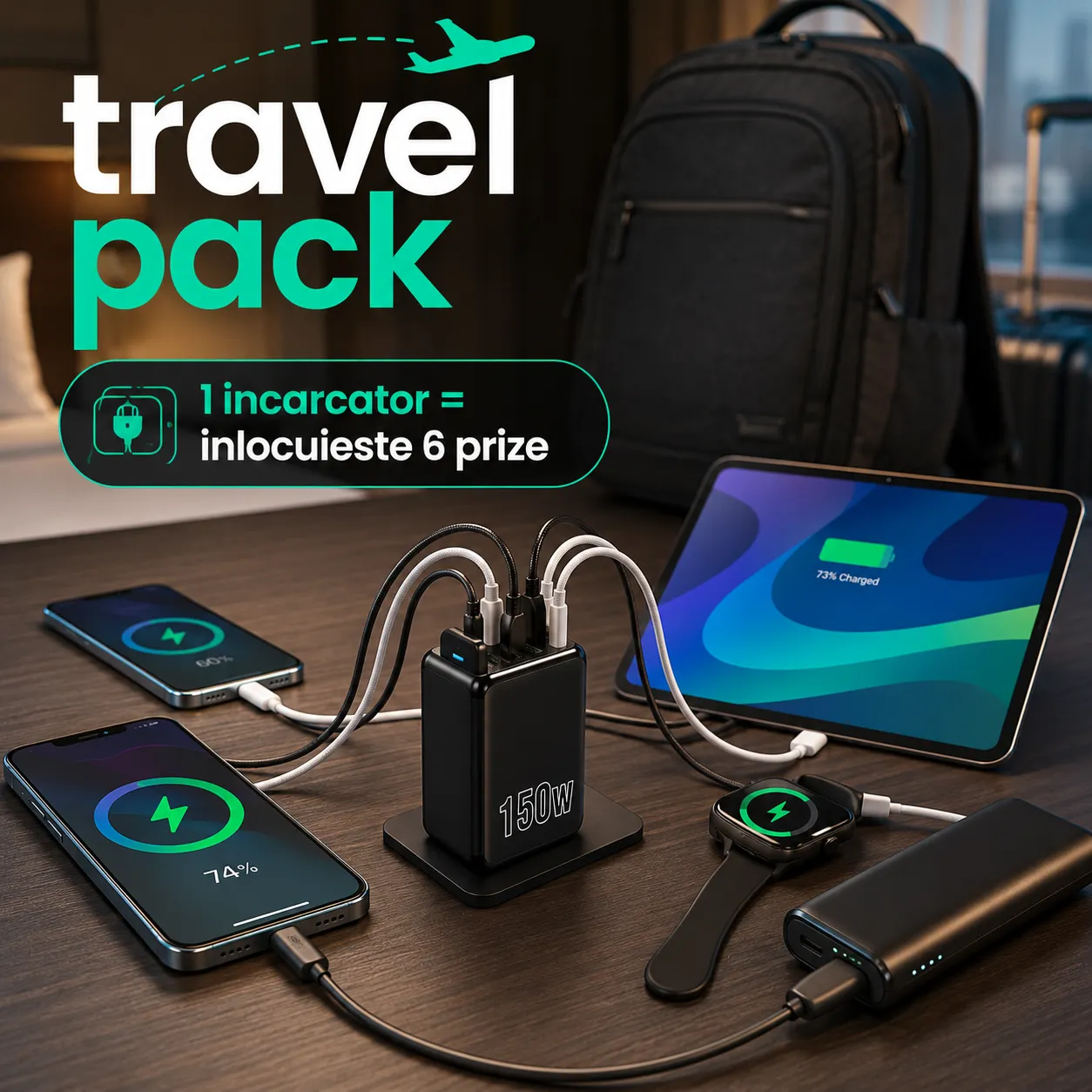 Timebox 150W incarcator retea 6 porturi negru fast charge