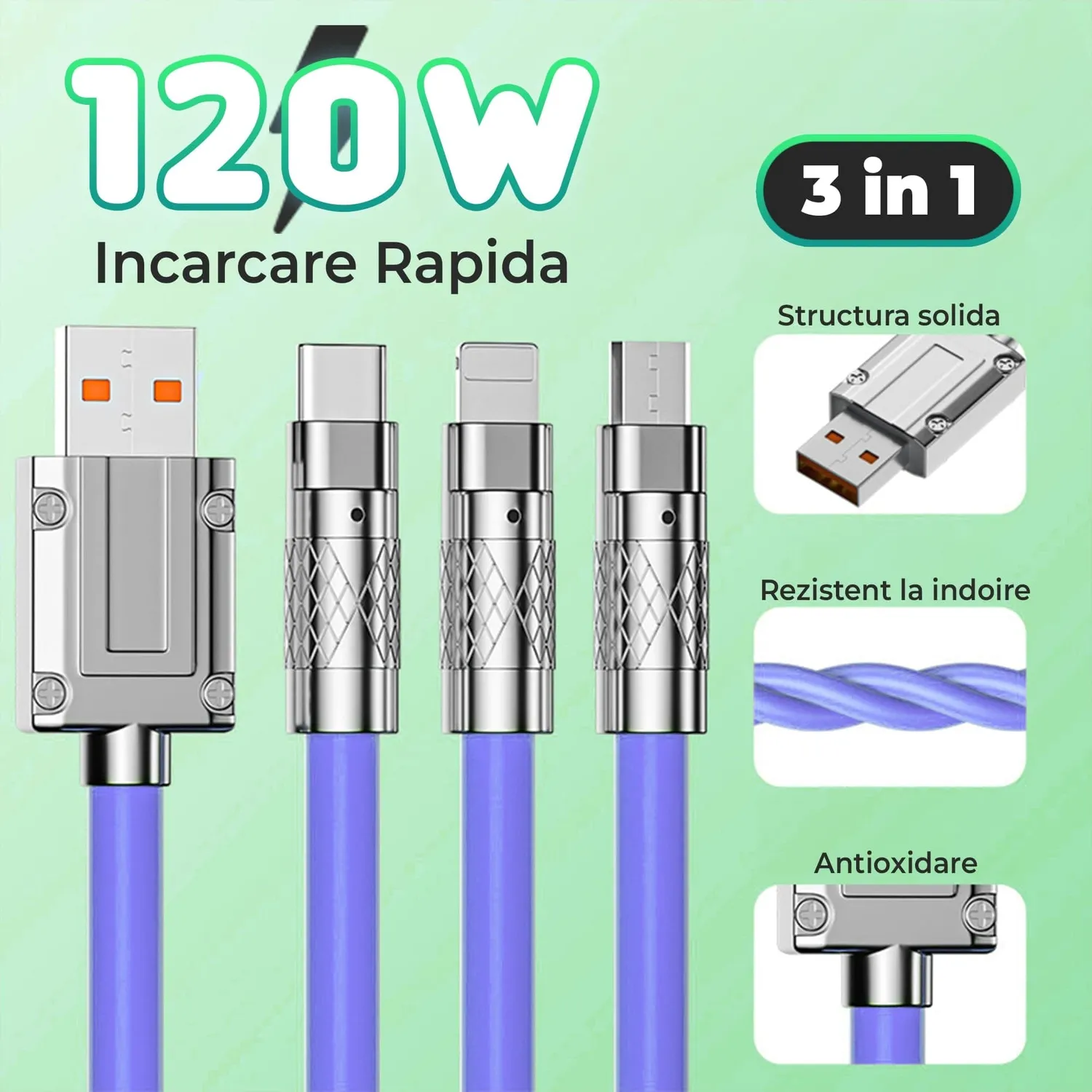 Timebox 3 în 1 cablu date mov 120W 1,2m rapid