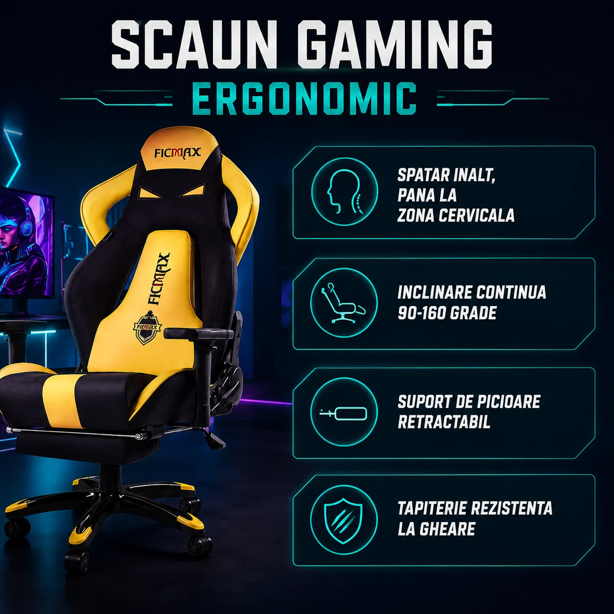 Scaun Timebox Gaming scaun ergonomic 360 galben 150kg