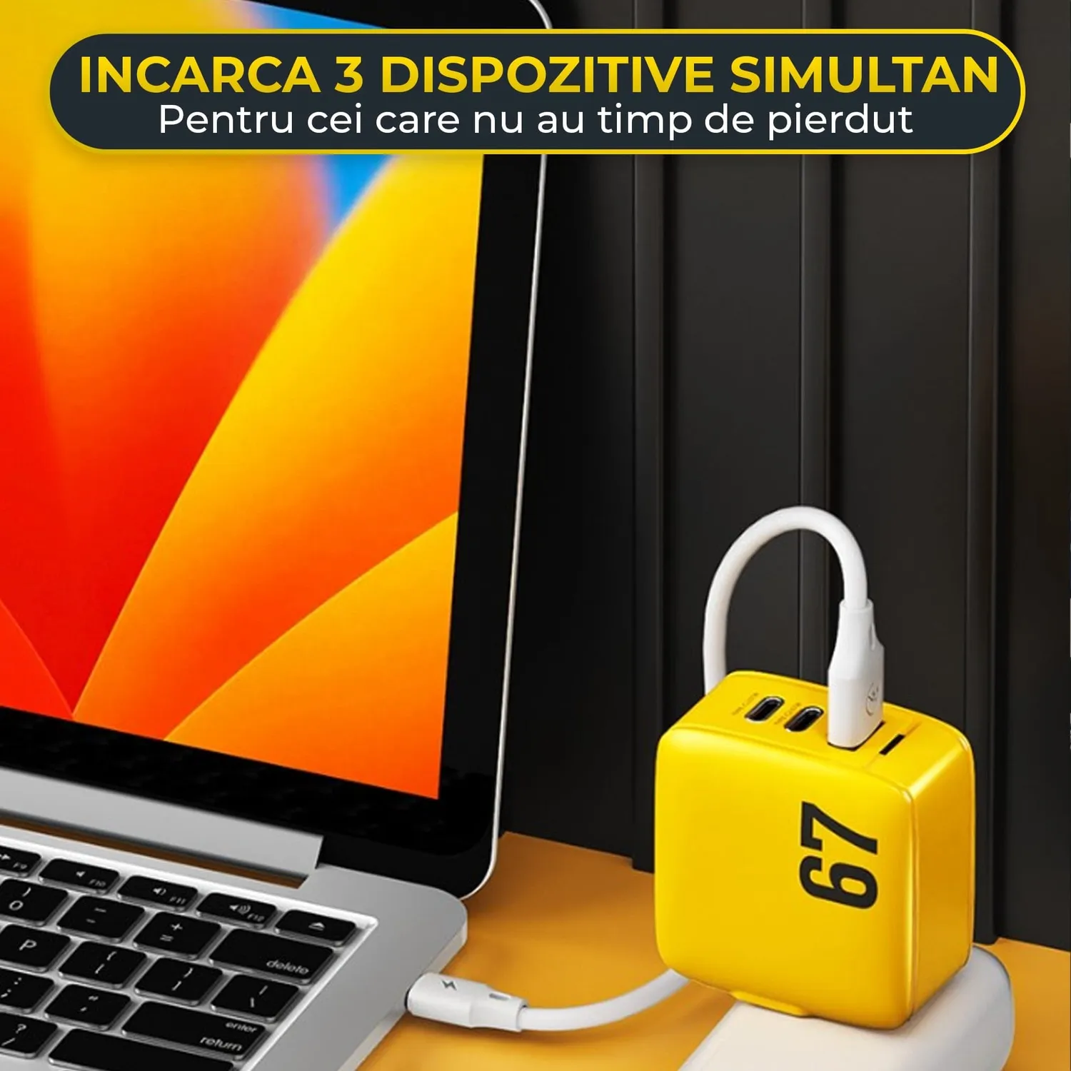 Încărcător rețea Timebox 67W 3 porturi galben LED