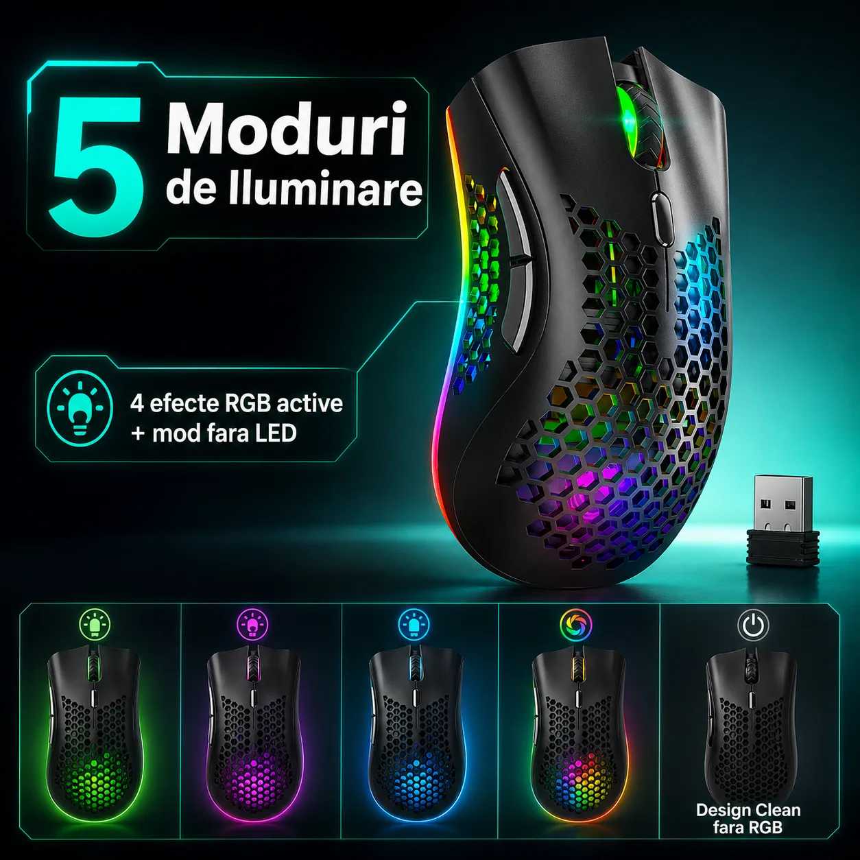 Timebox mouse gaming wireless 95g RGB negru FastCharge