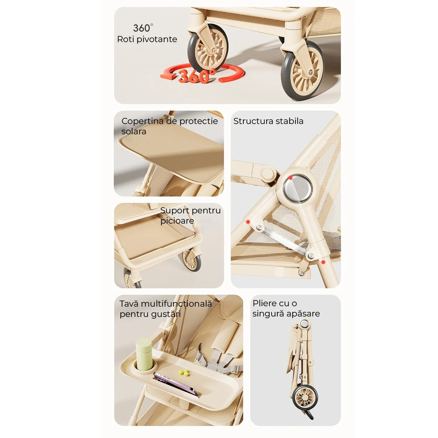 Timebox Carucior bebe pliabil Bej 4 roti 360 0-36 luni