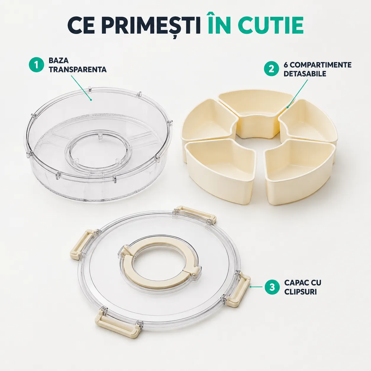 Timebox Cutie Alimentară Rotundă 6 Compartimente Bej