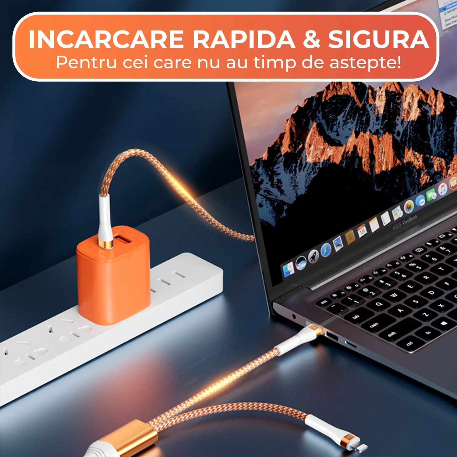 Timebox cablu 2in1 65W USB-C Lightning 1,5m portocaliu