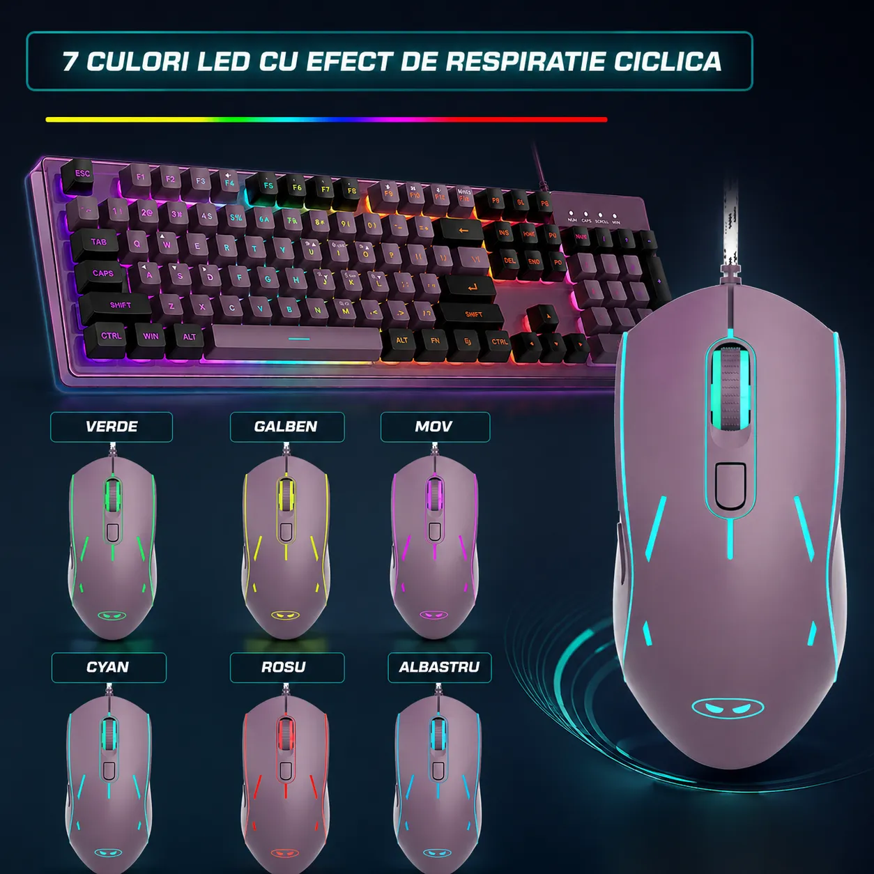 Timebox kit gaming tastatura mouse RGB mov full-size 8 culori