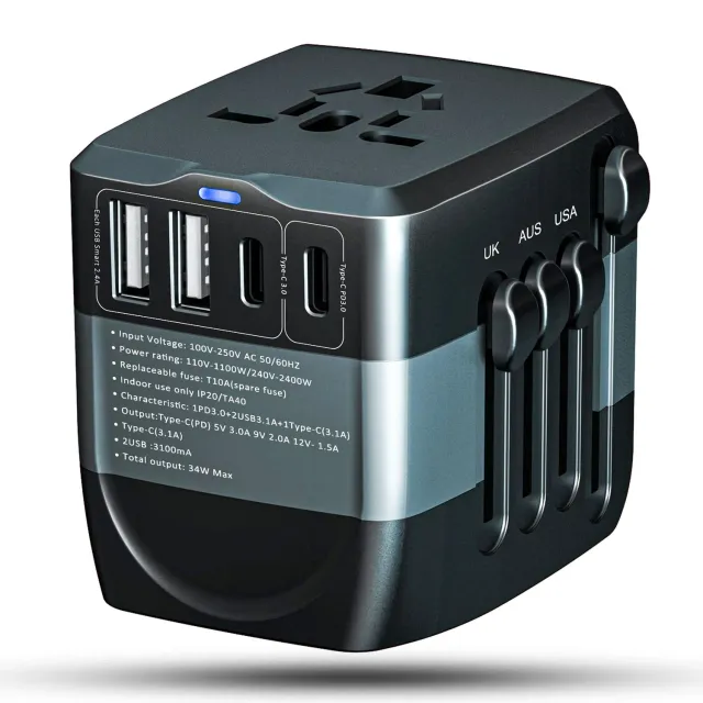 Timebox Adaptor Priza Calatorie 2xUSB 2xType-C Negru