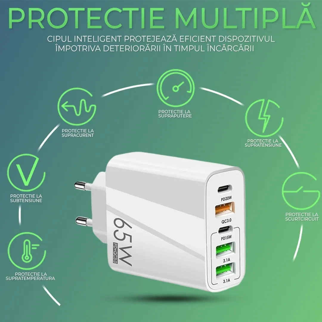 Timebox Incarcator Retea 5 Porturi 65W USB Type-C Alb