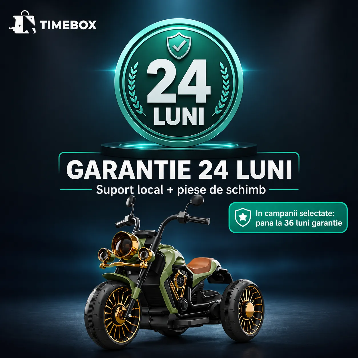 Timebox motocicletă electrică copii verde 3 roți