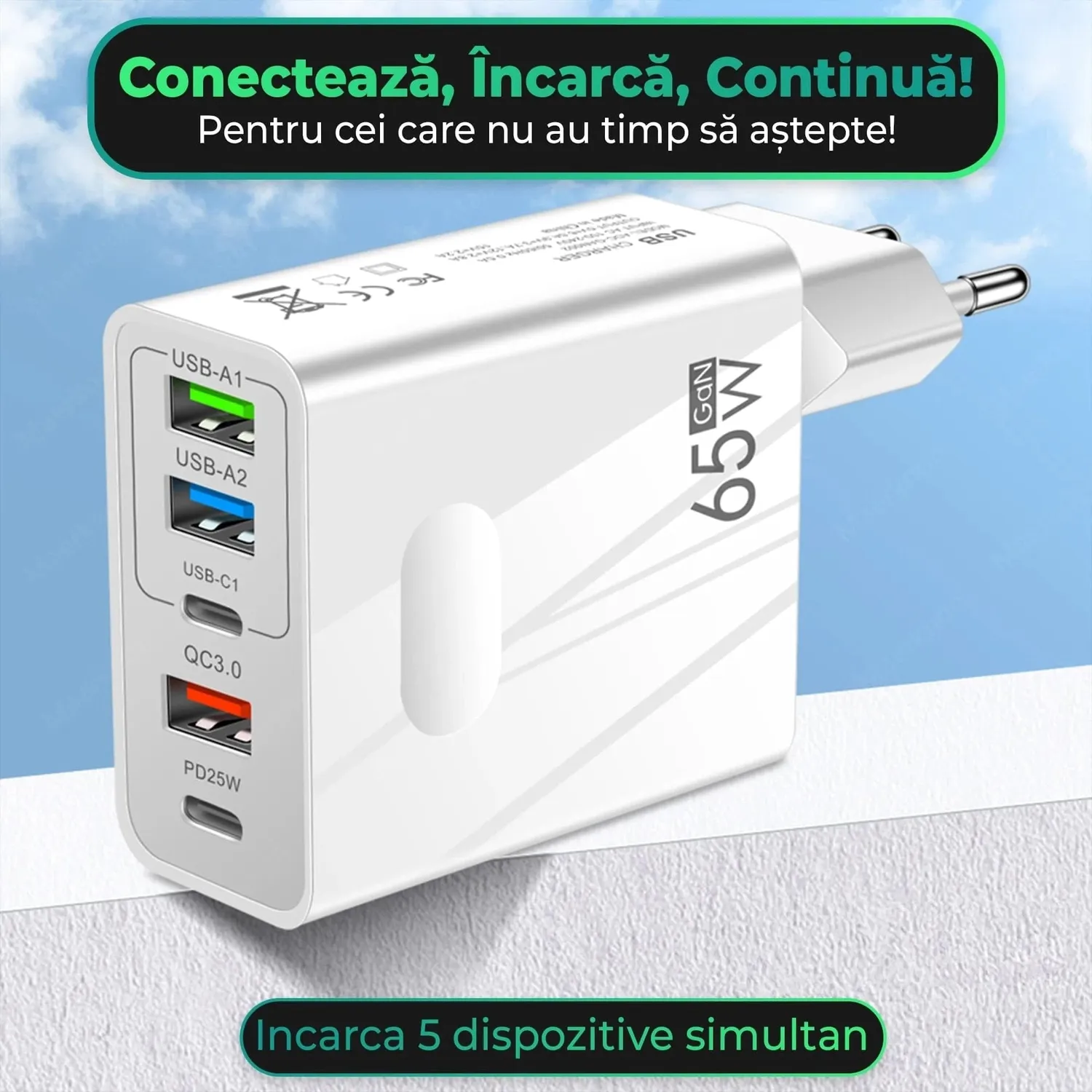 Timebox GS-814-ALB-SET incarcator retea alb 65W rapid 5 porturi